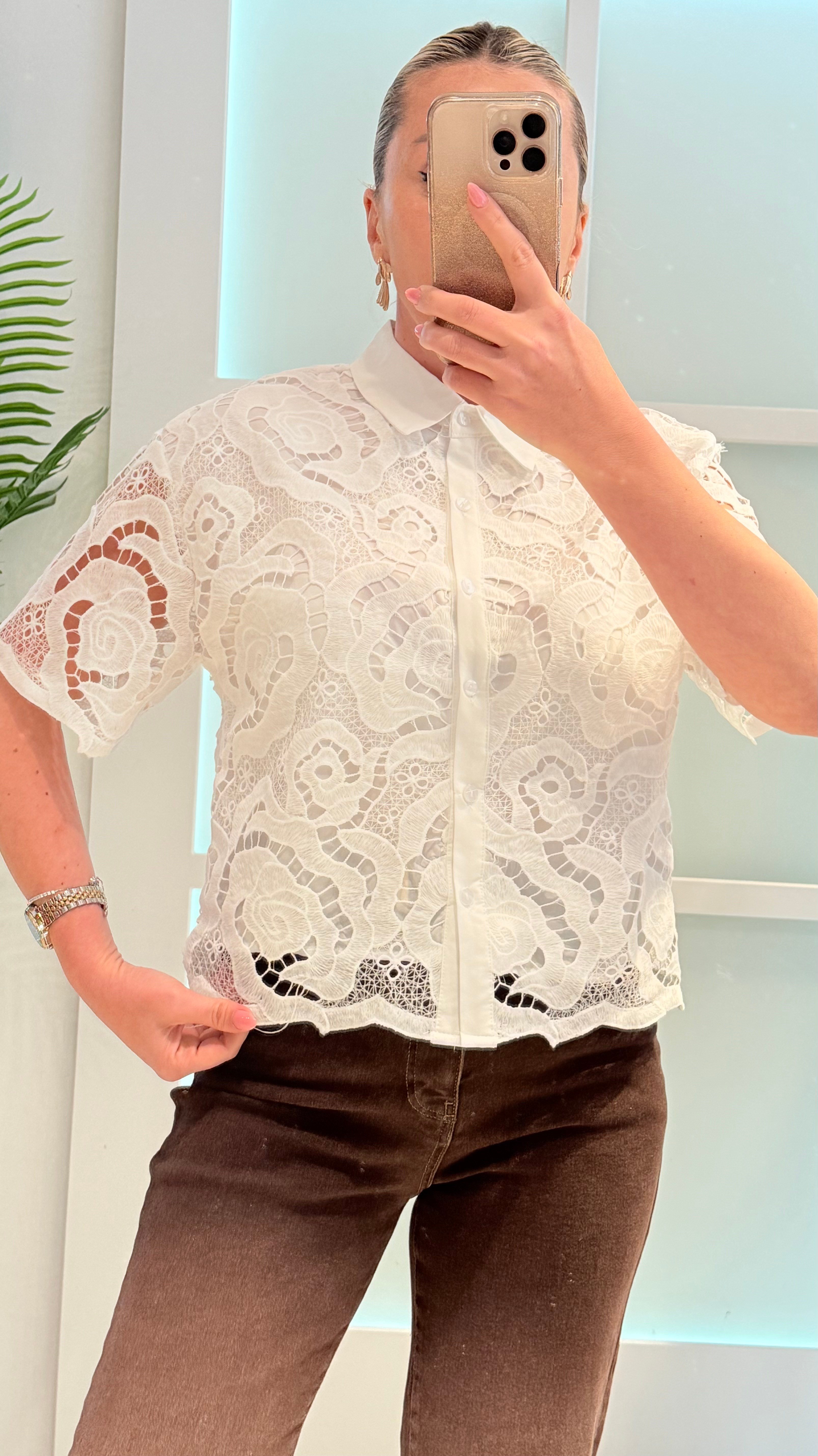 BULUM BEYAZ DANTEL İŞLEMELİ GÖMLEK 