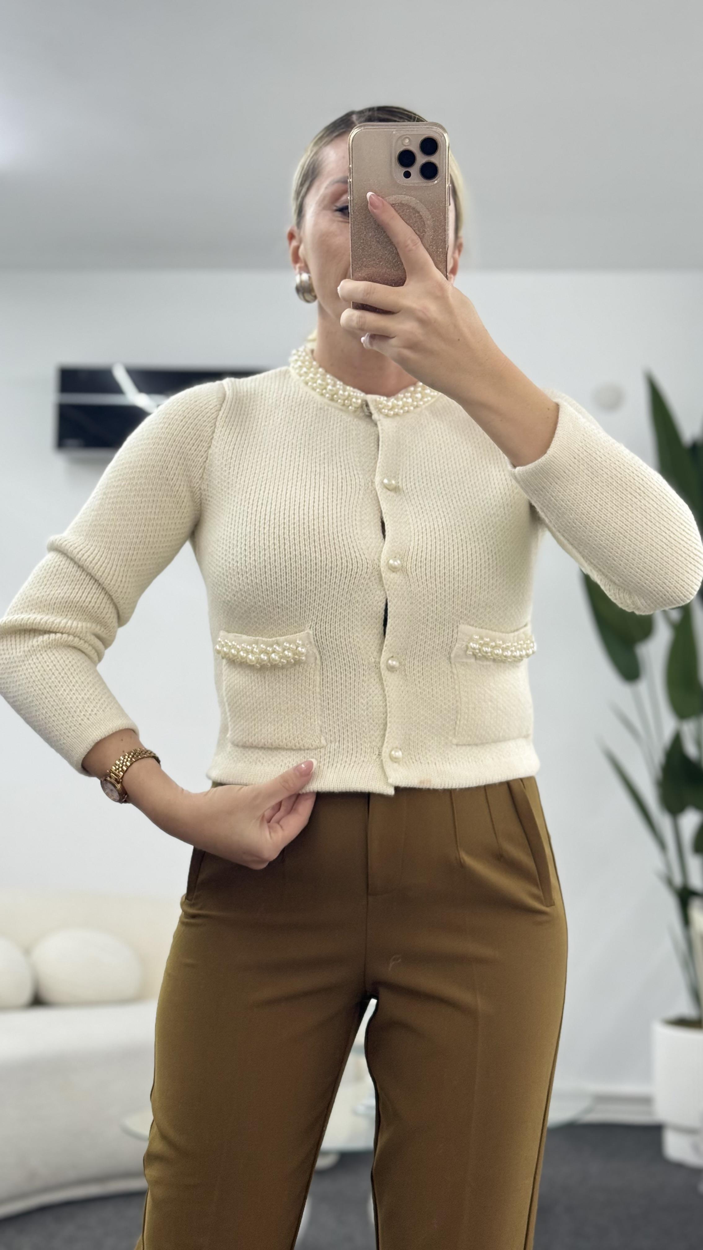 BURY İNCİ DETAYLI KREMRENGİ HIRKA