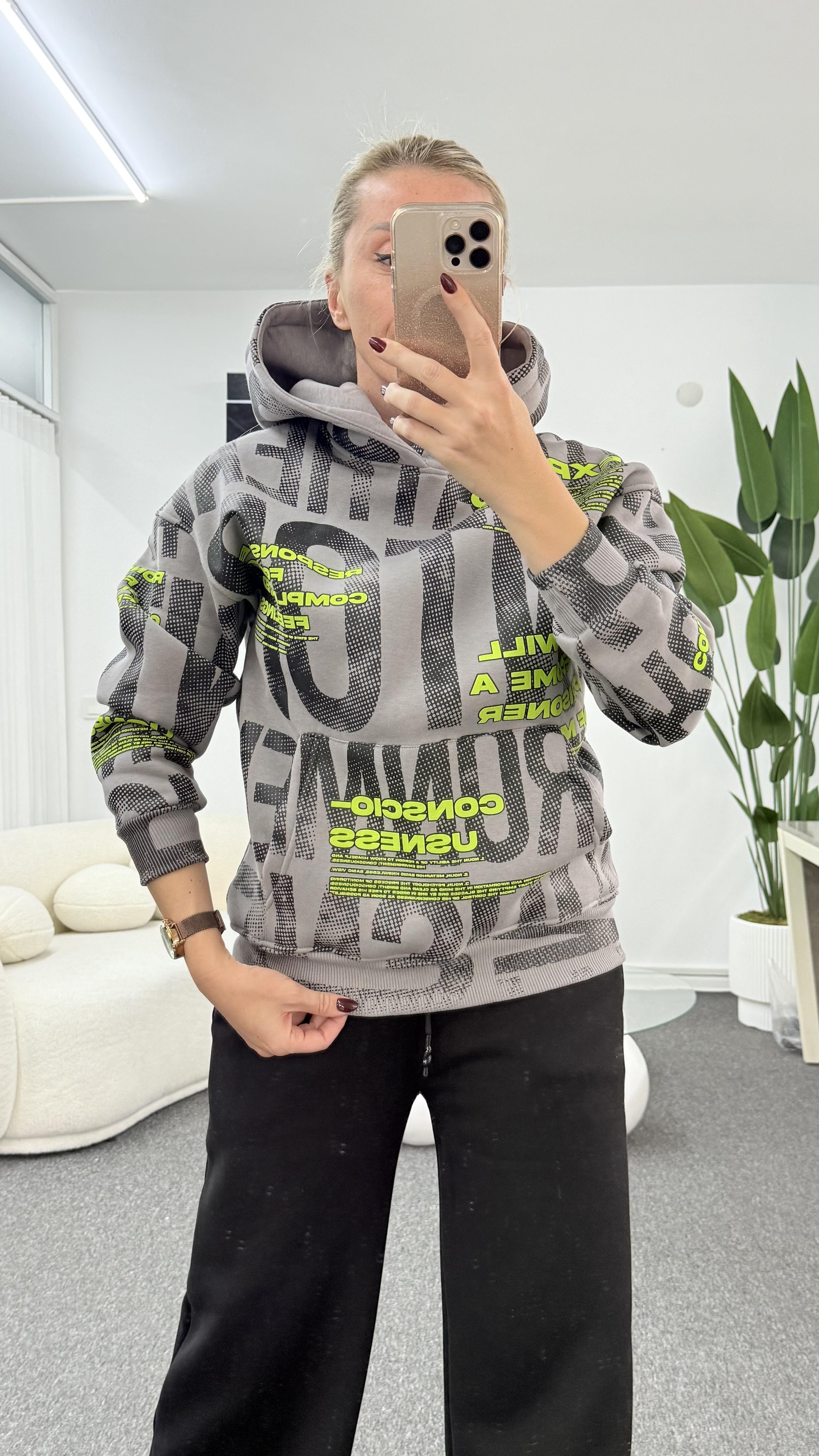 ÇAYNİ NEON YEŞİL YAZILI GRİ SWEATSHIRT