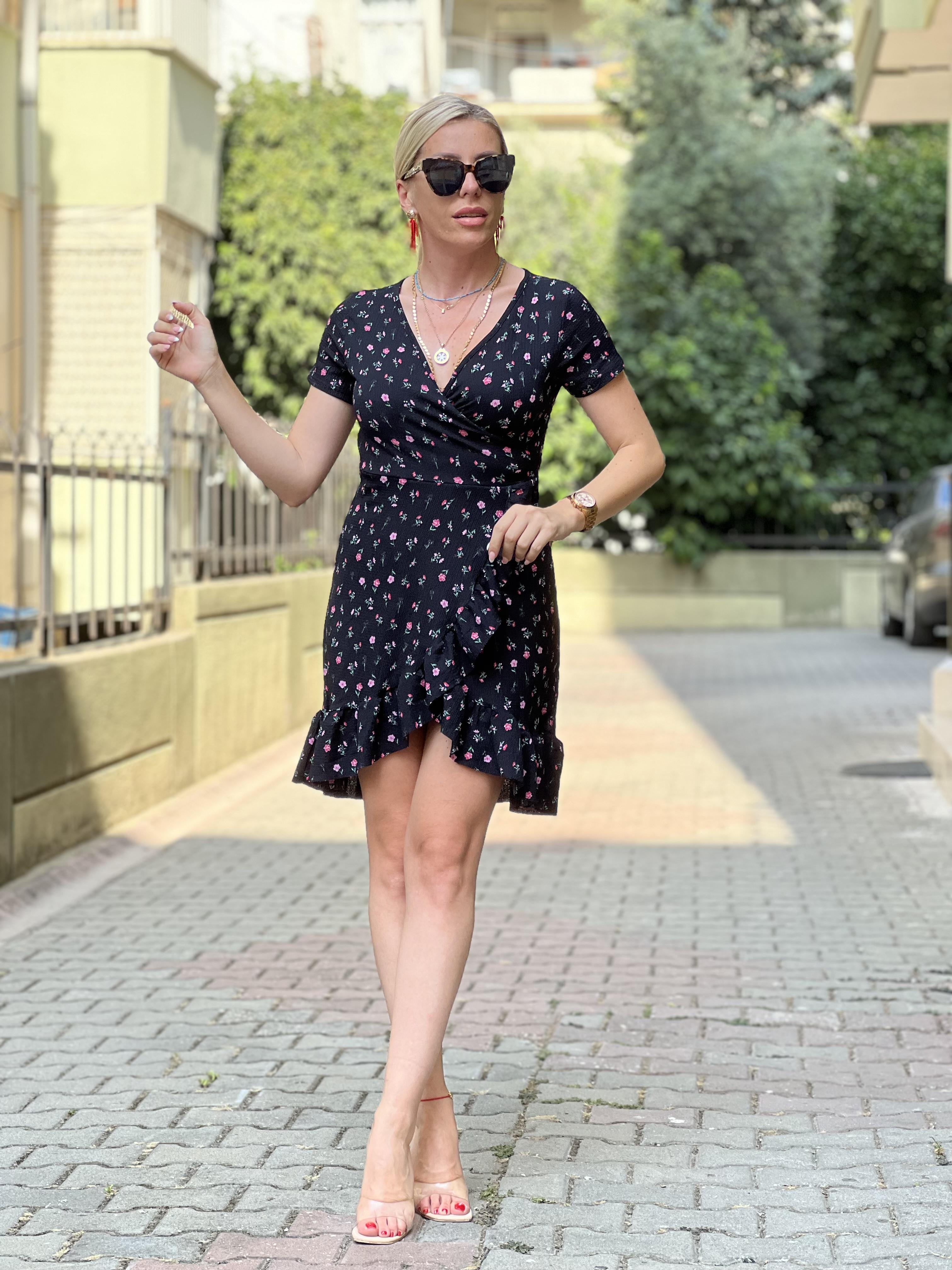 Çiçekli kruvaze mini elbise 