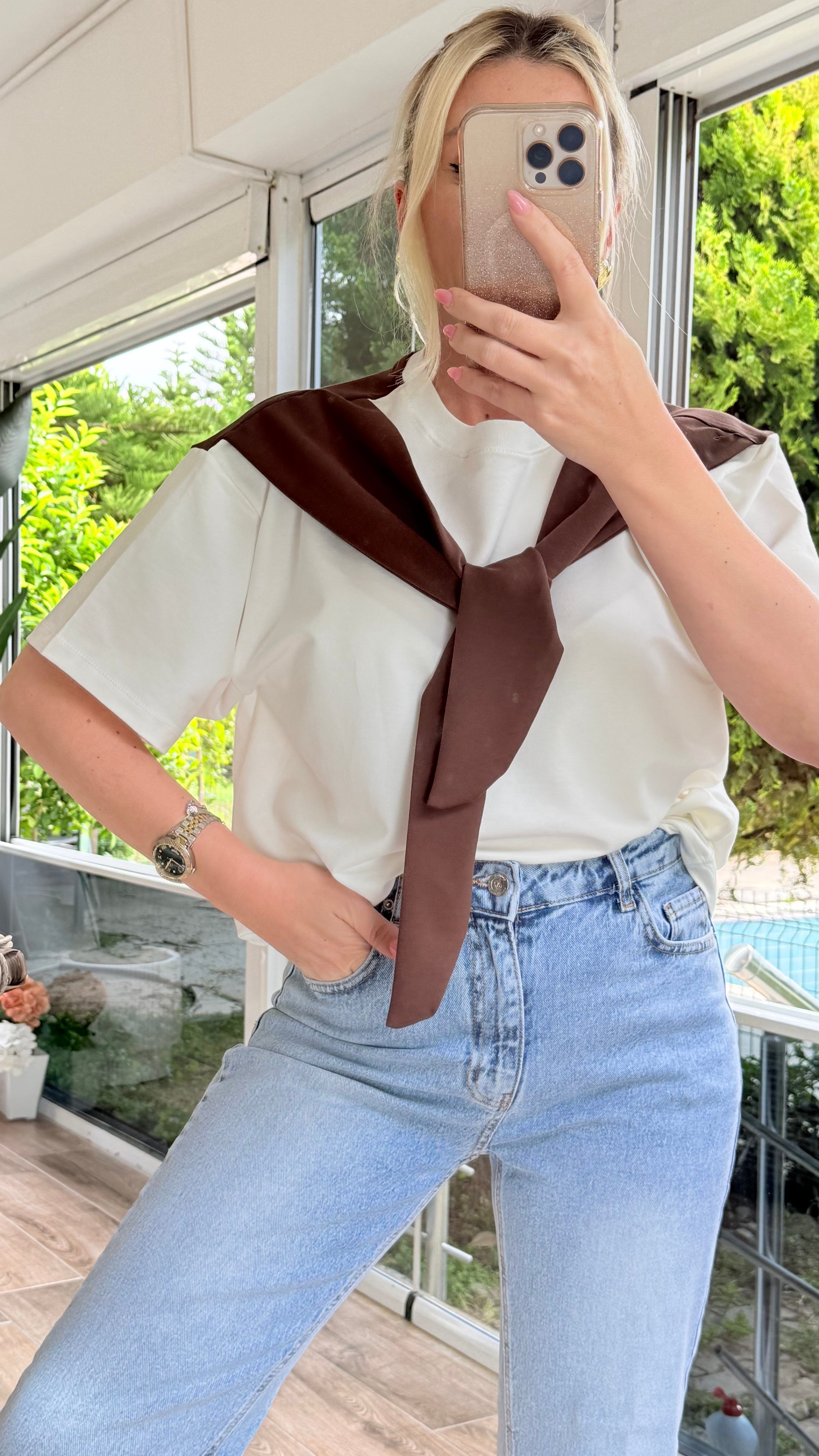 ENDORA KAHVE FULARLI TSHIRT