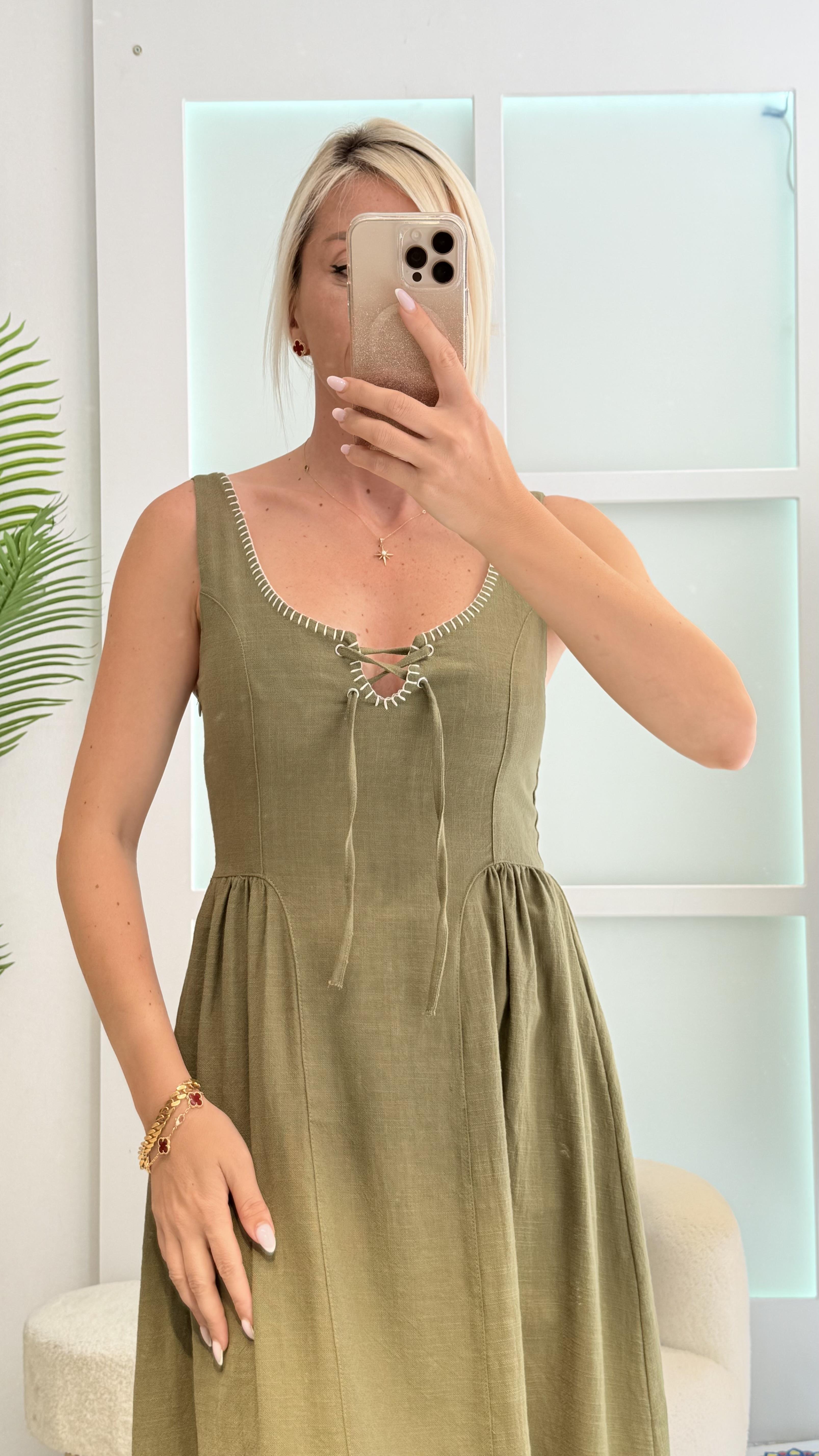 HİLY YEŞİL DOKUMA ELBİSE 