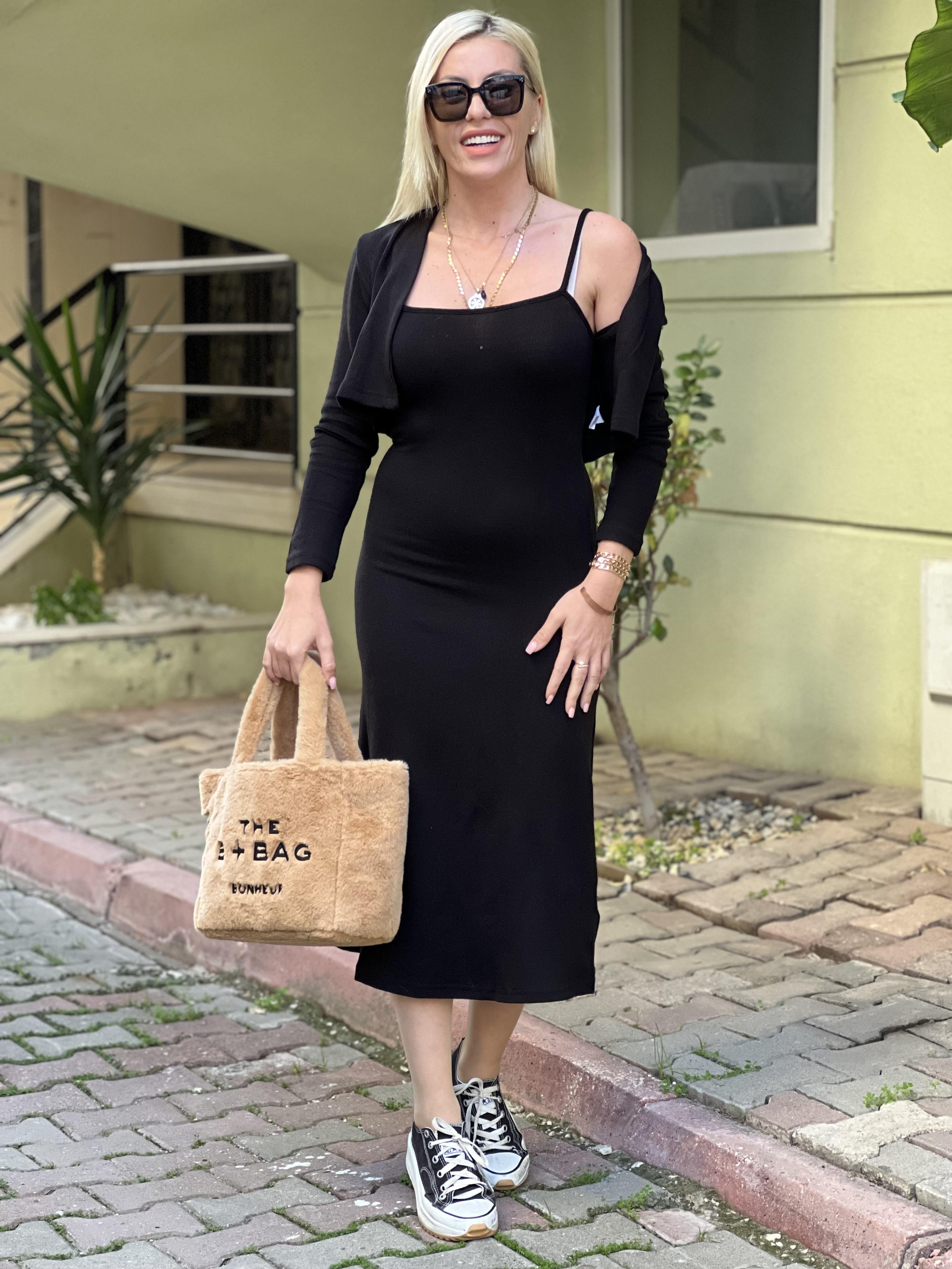 İpli bolerolu siyah elbise 