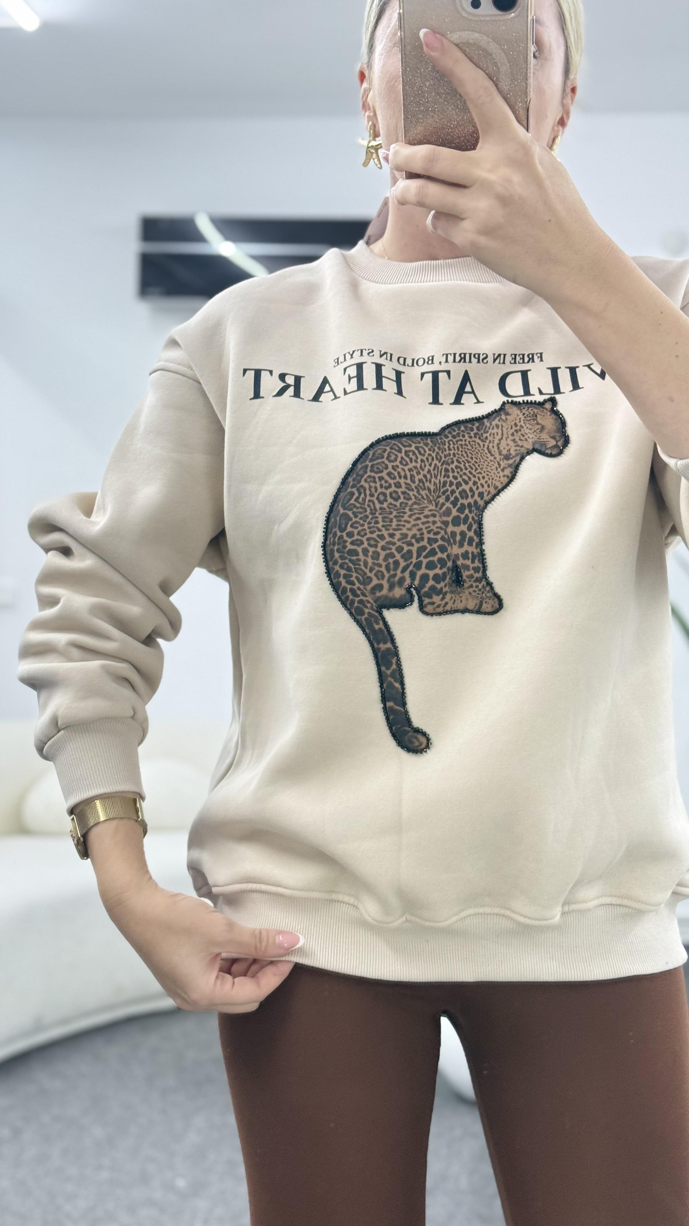 KİNSY LEOPAR DETAYLI BEJ SWEATSHIRT