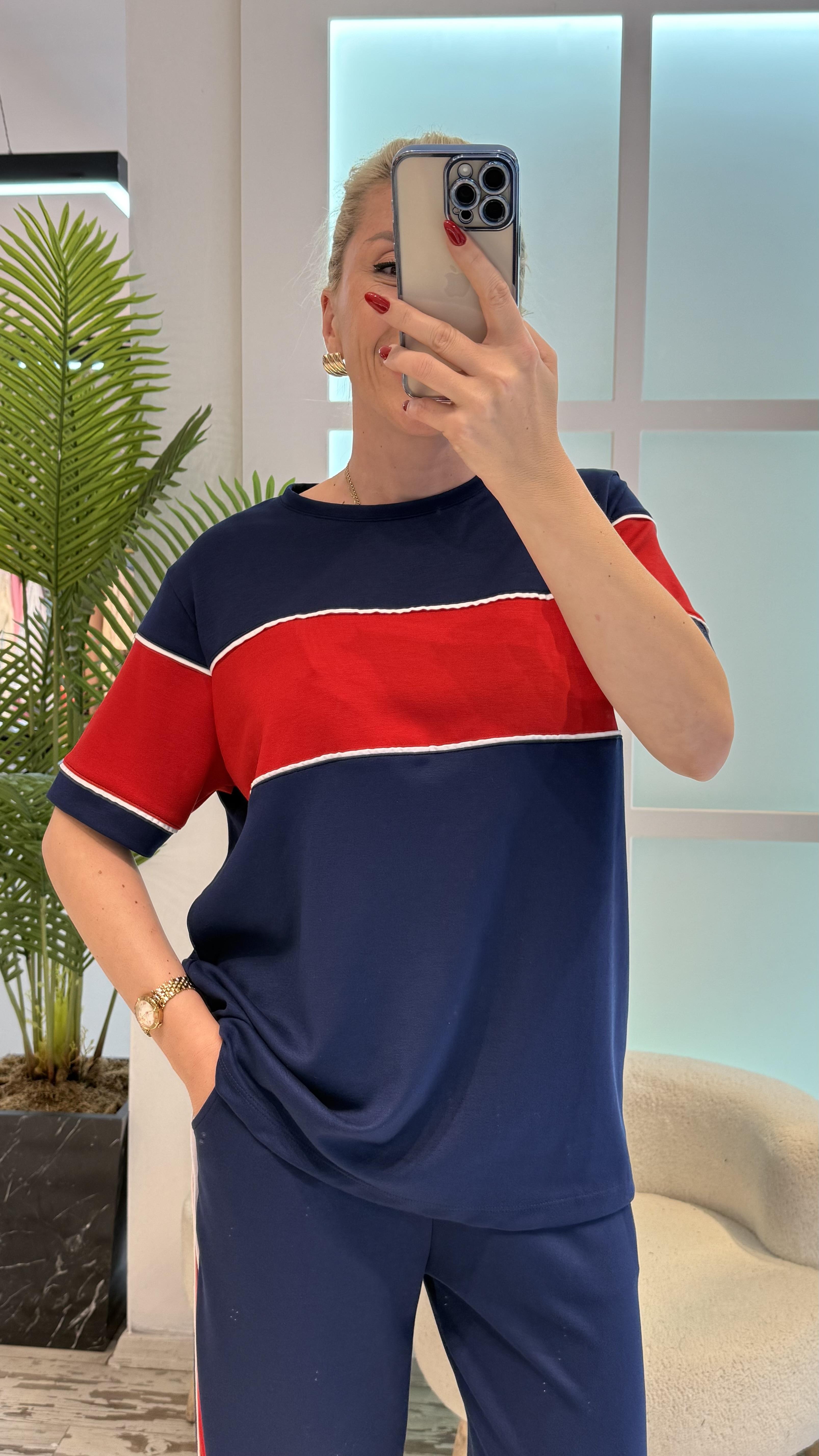 Lacivert Kırmızı Şeritli Eşofman Takımı