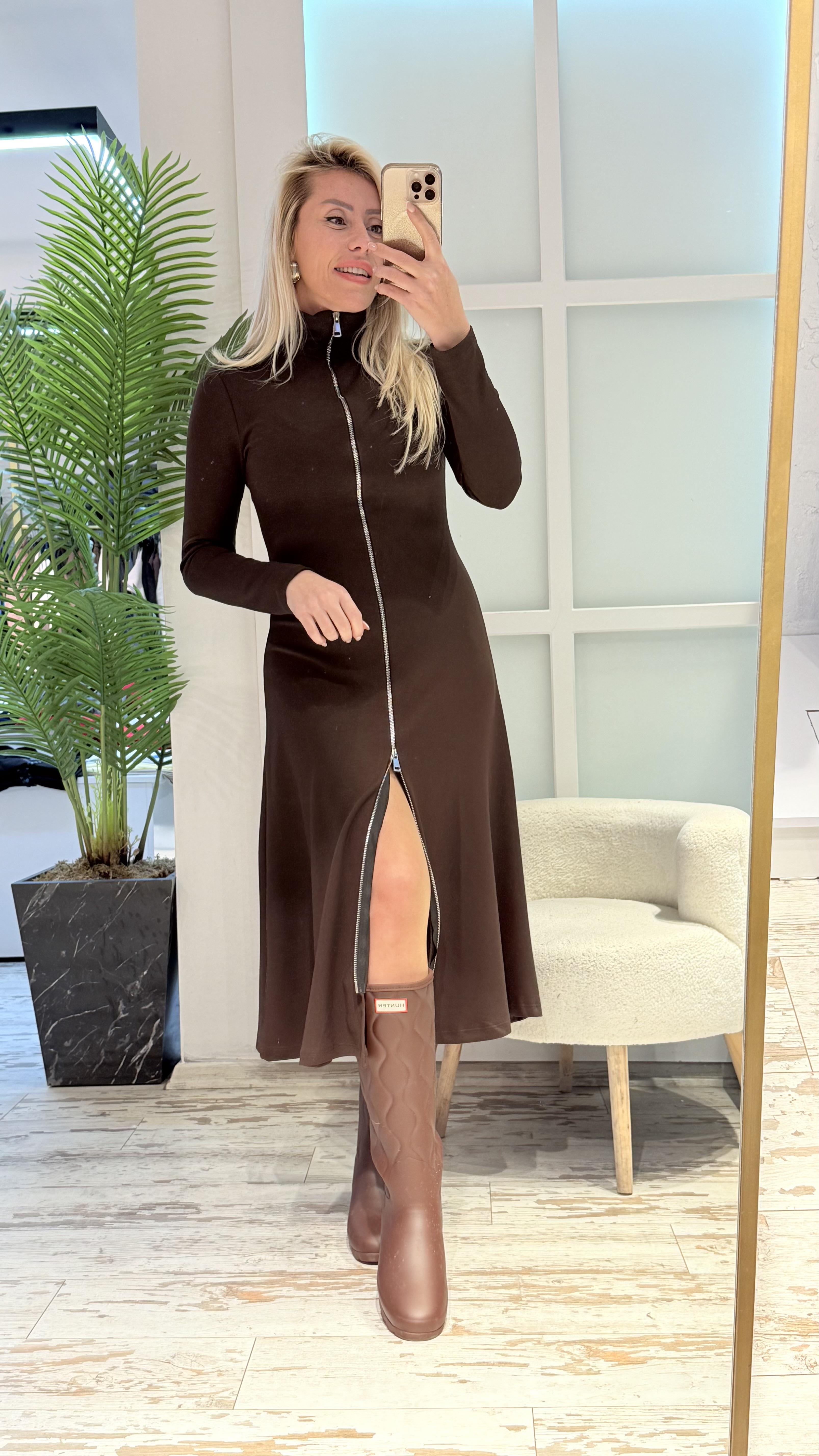 LEVİN FERMUAR DETAYLI KAHVE ELBİSE