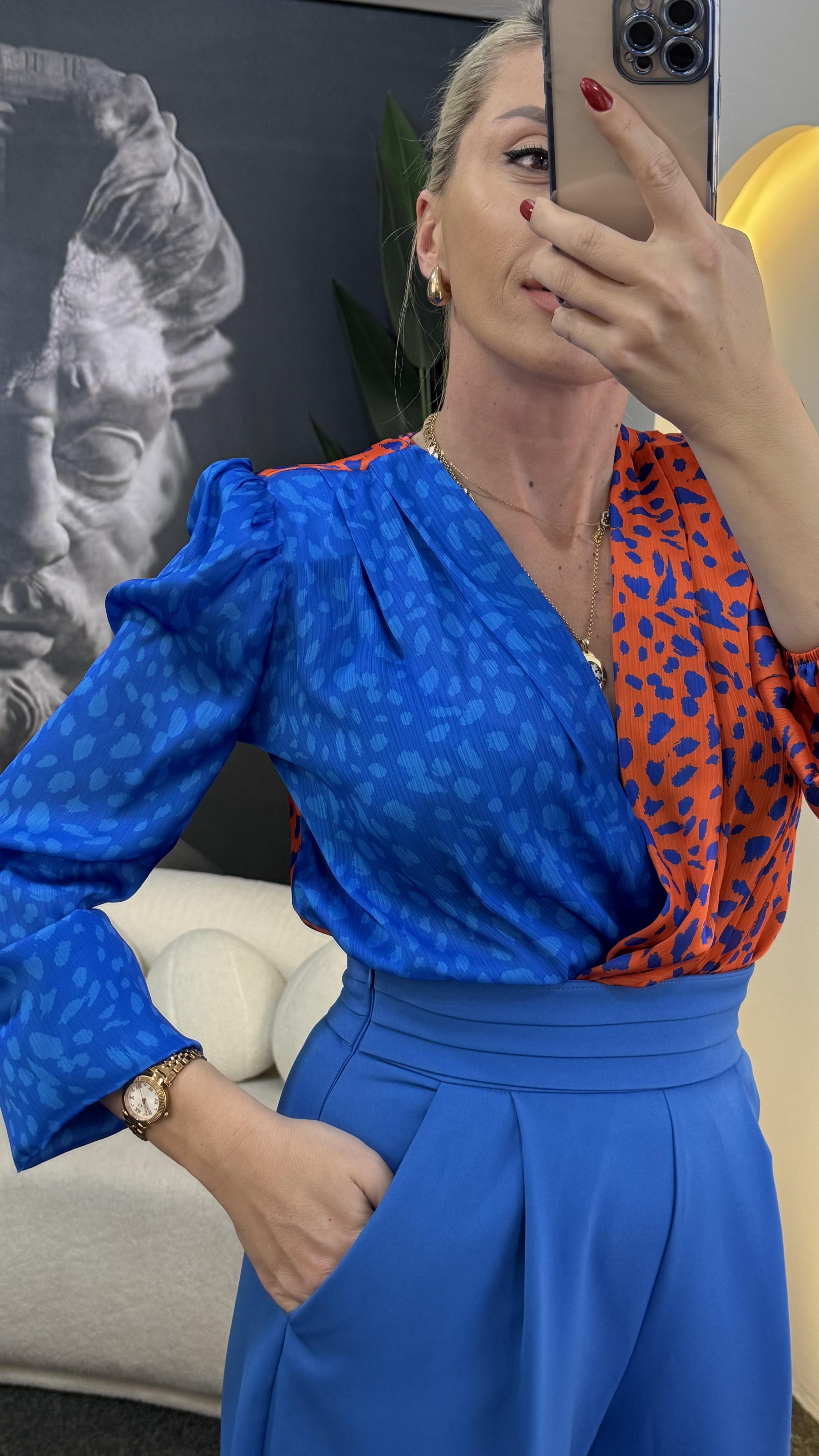 Libby Mavi-Turuncu Kruvaze Saten Body Suit