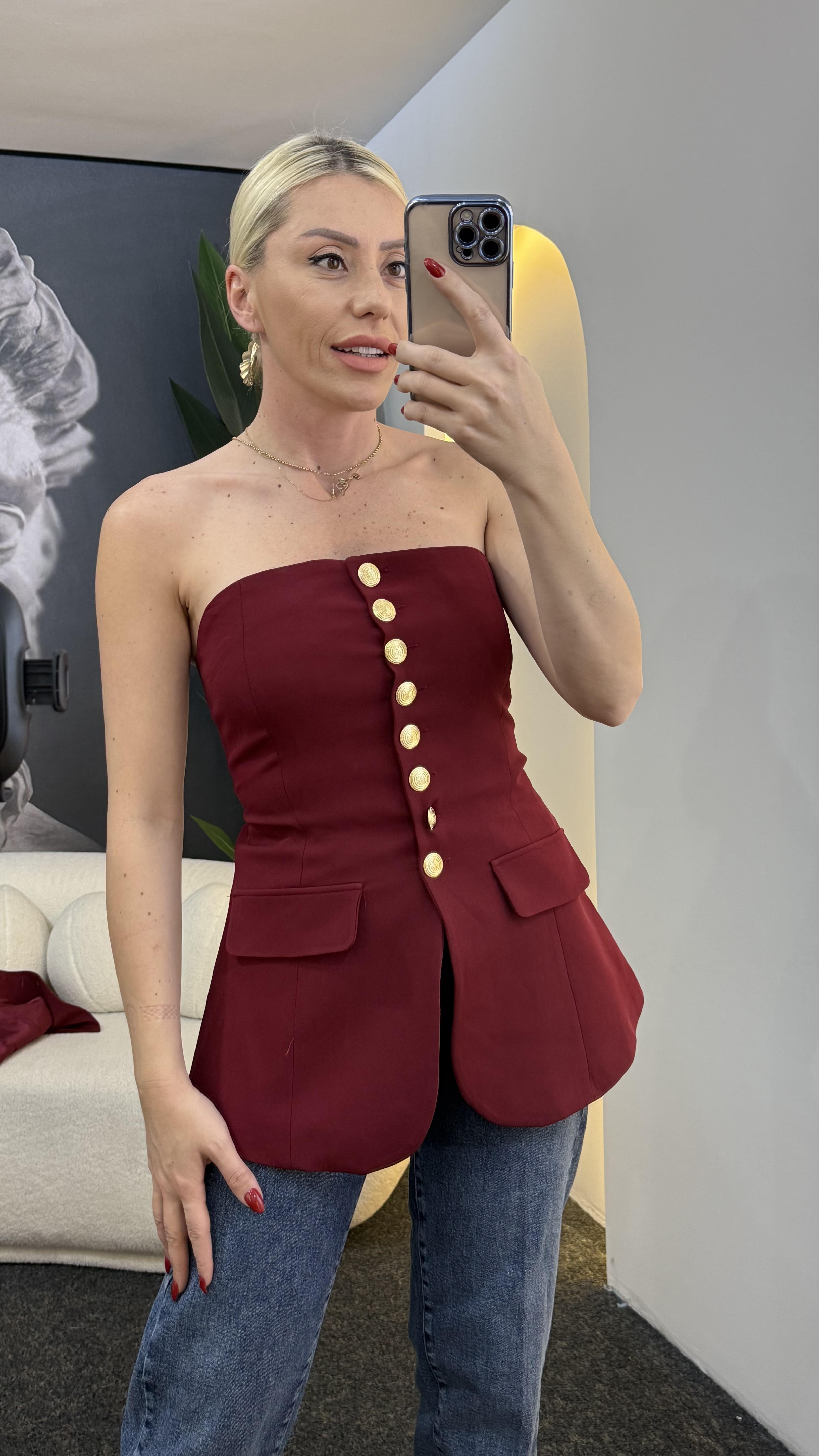 Moni Bordo Gold Düğmeli Straplez Yelek