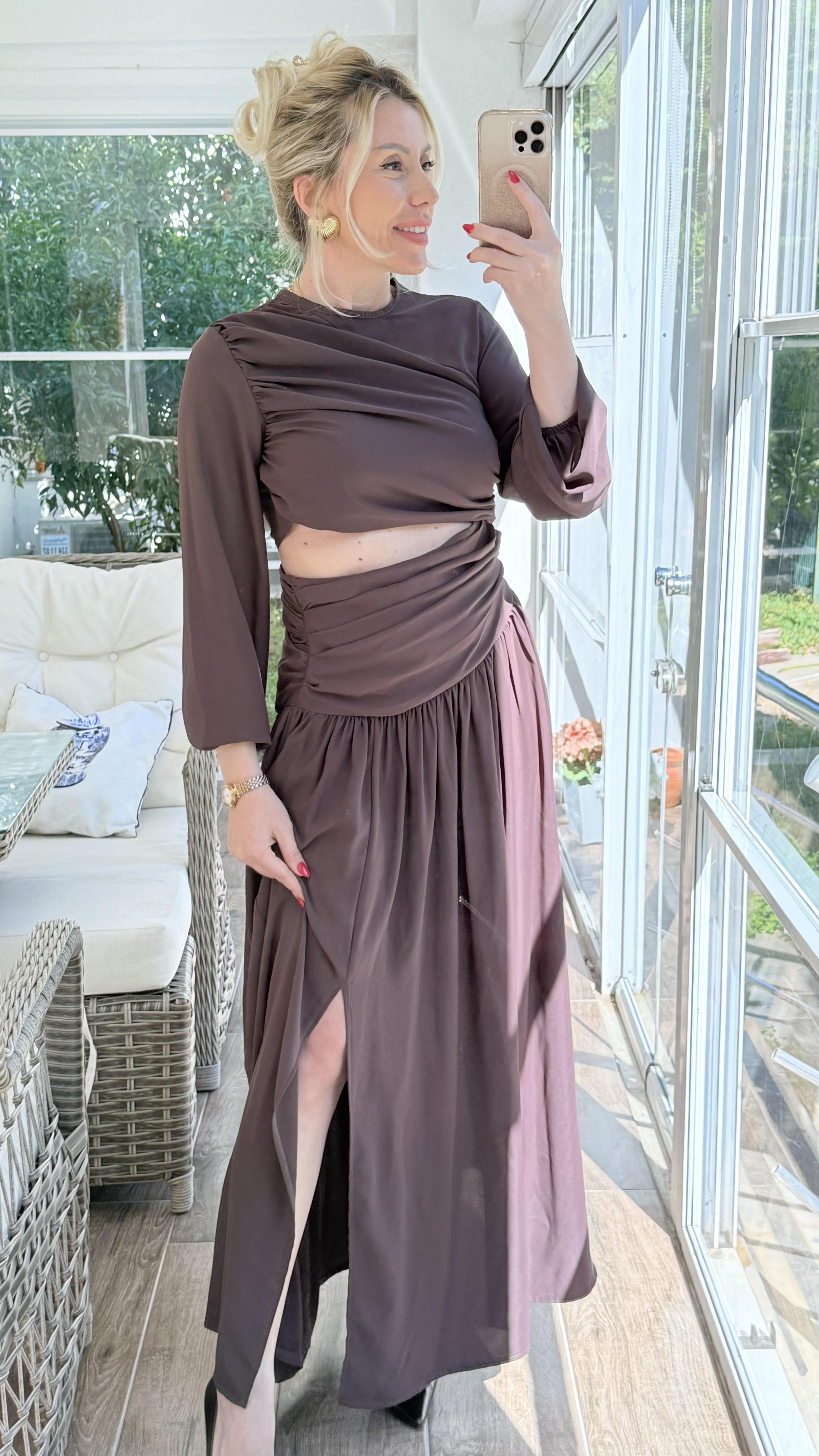 ONİYA KAHVE YIRTMAÇLI ELBİSE