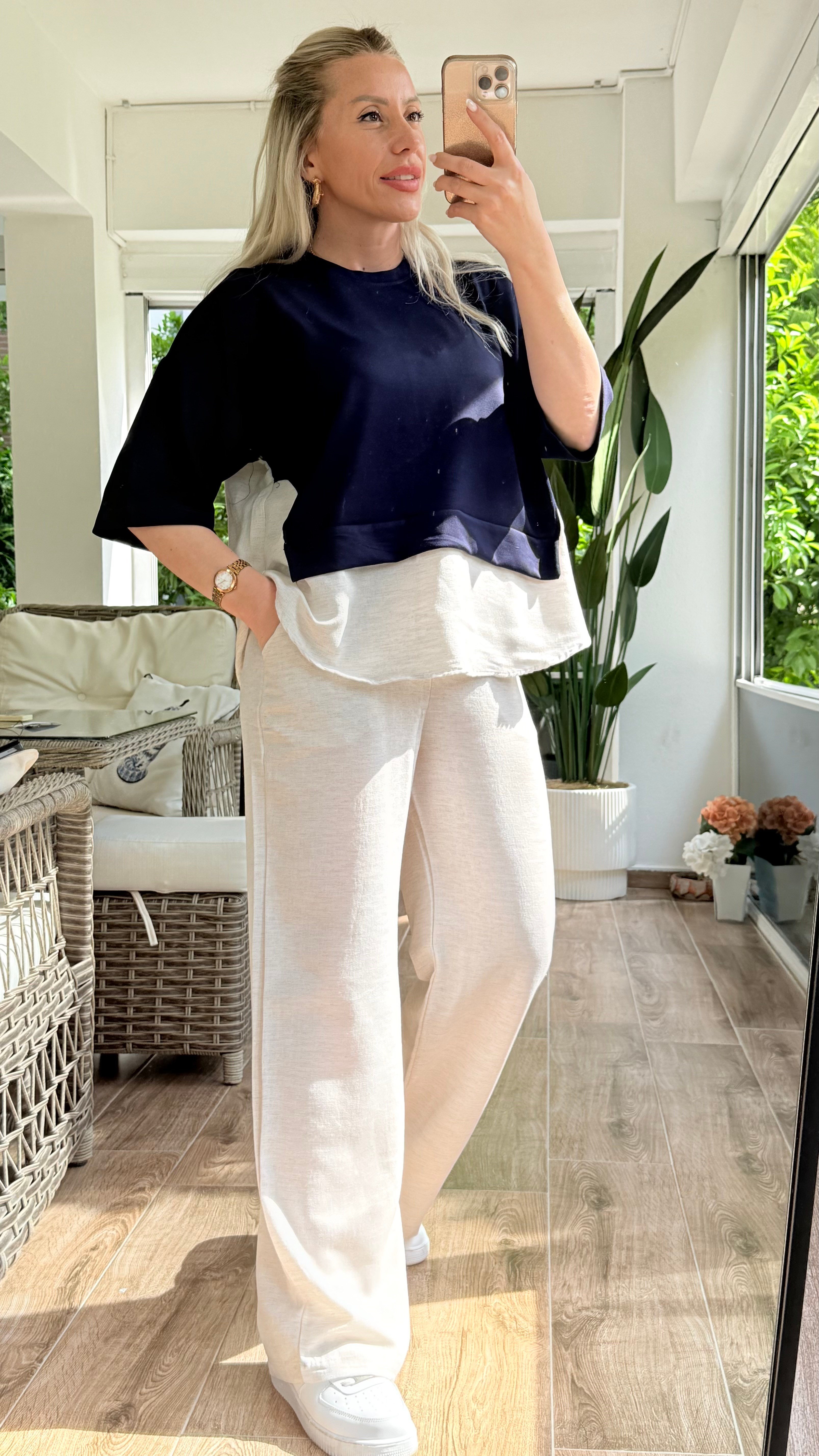 PİLİRS LACİVERT KREM DETAYLI TASARIM TAKIM 