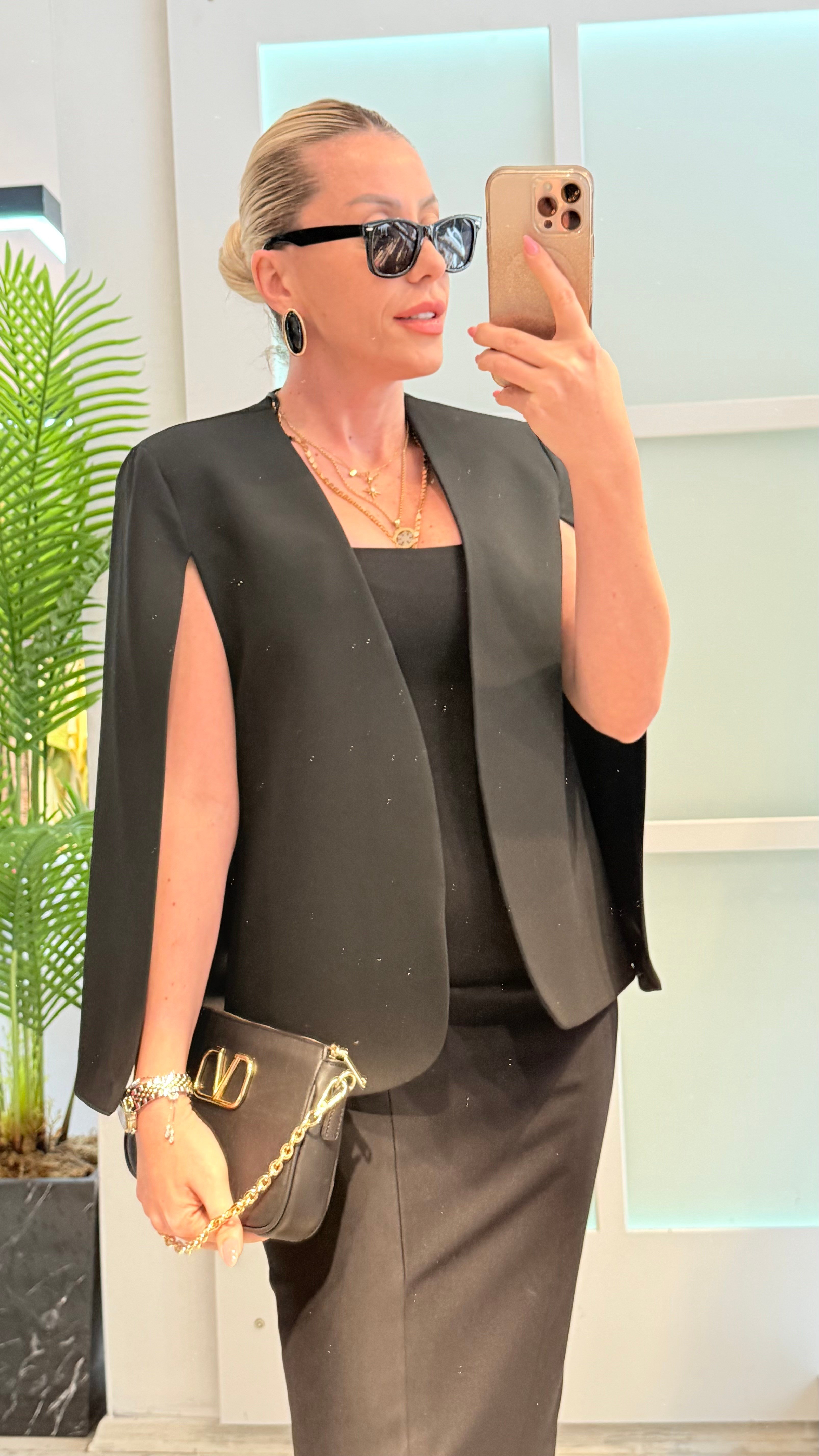 REYNİ SİYAH PELERİN BLAZER CEKET 