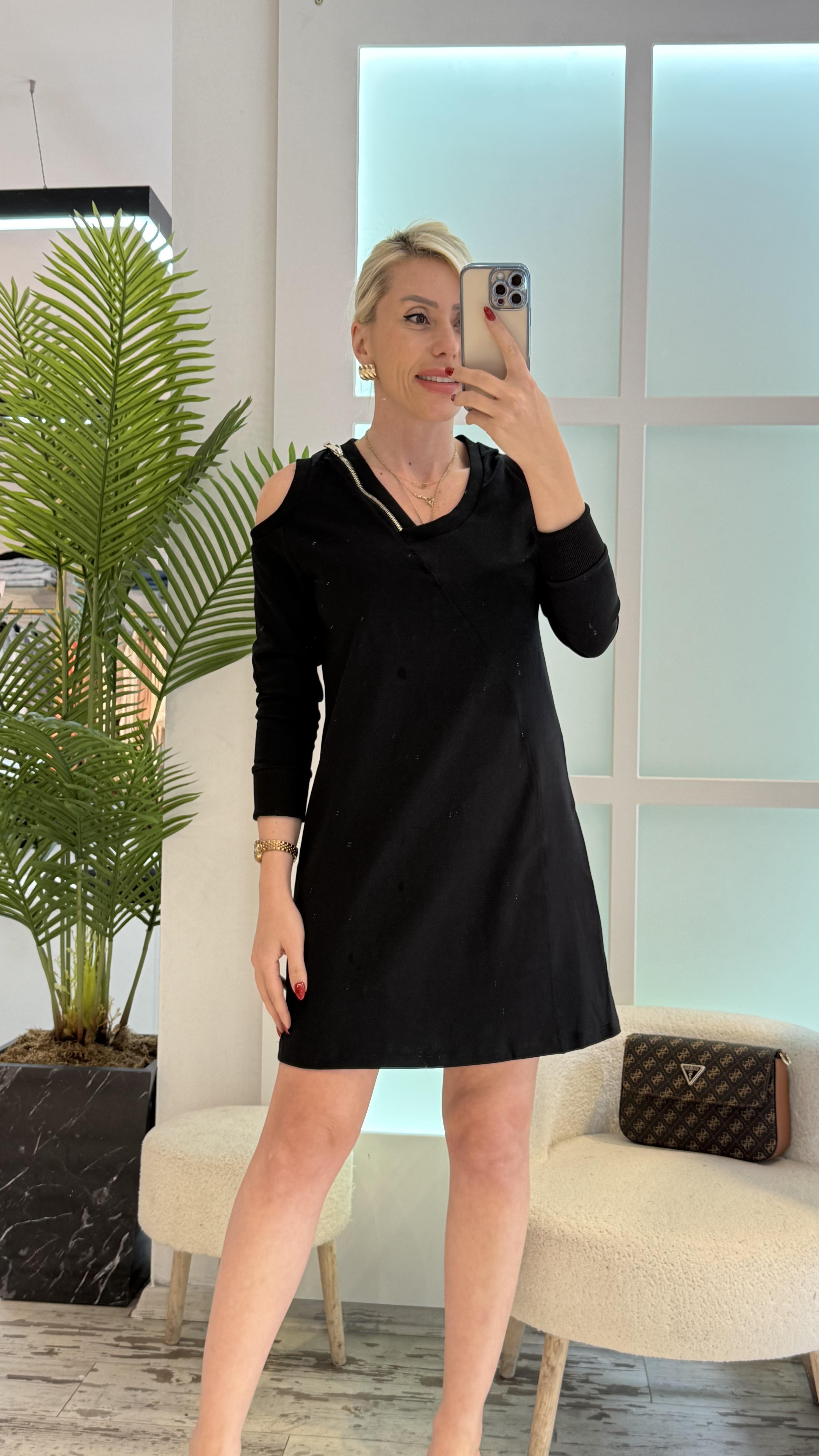 Siyah Fermuar Detaylı Elbise