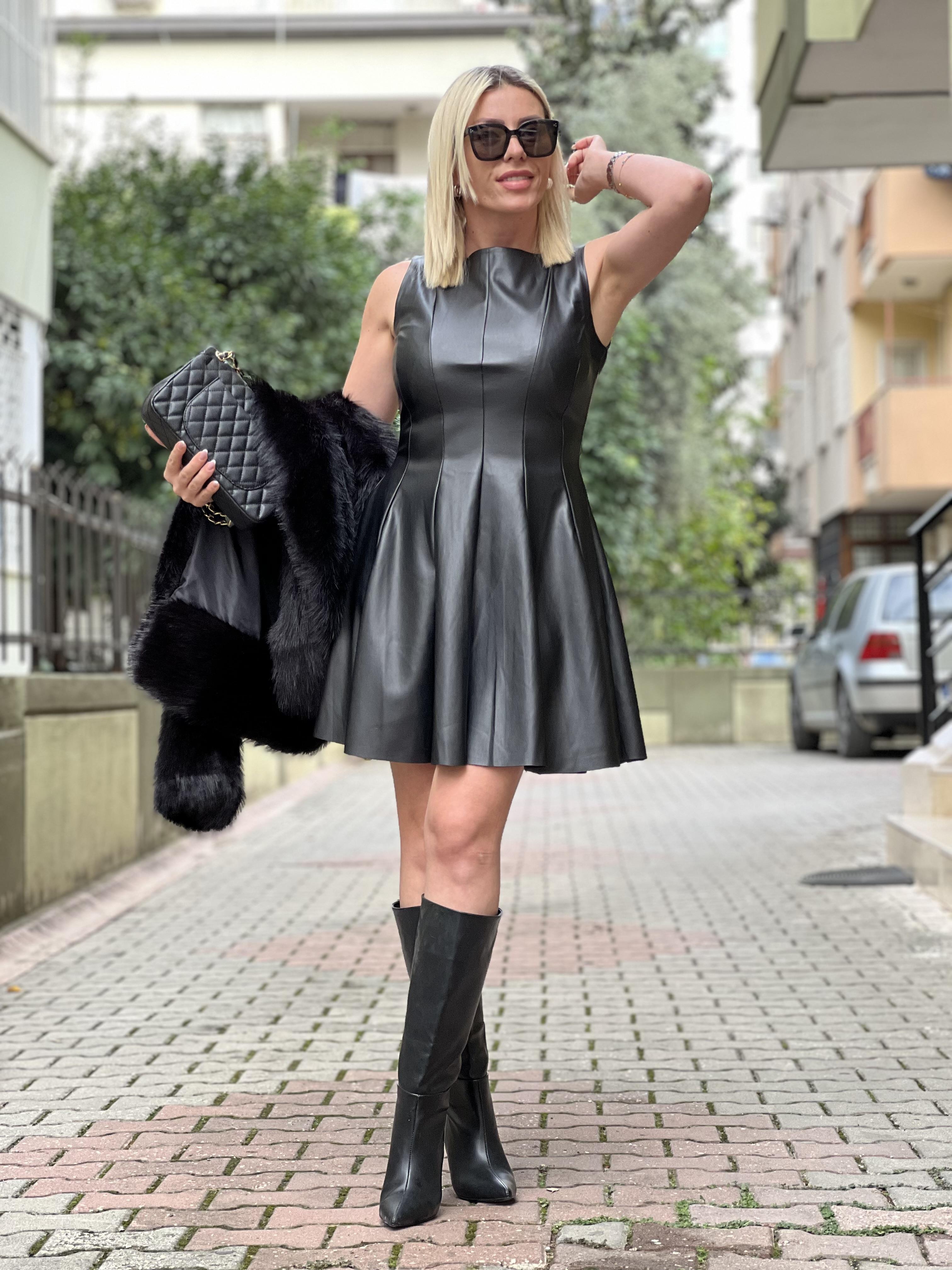 SKİN DERİ SİYAH ELBİSE 