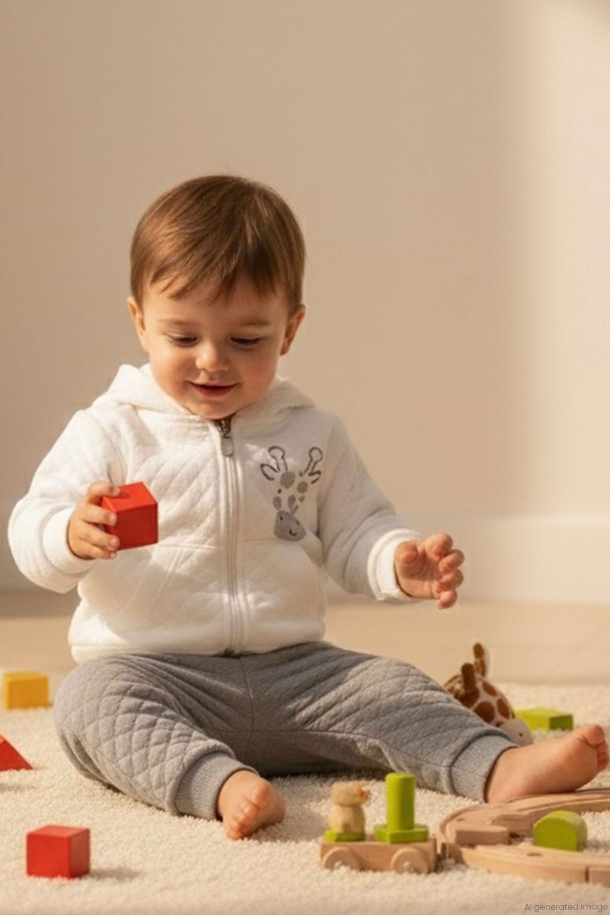 Breeze Erkek Bebek Eşofman Takımı Sevimli Zürafa Baskılı Kapitone Desenli Ekru (6 Ay-1.5 Yaş)