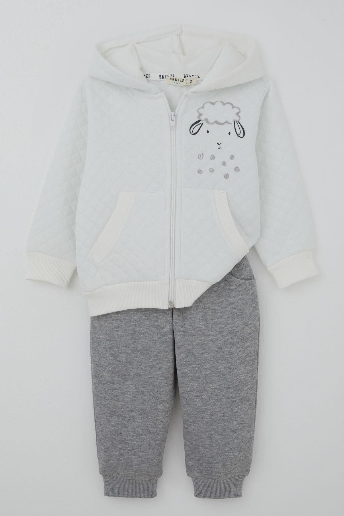 Breeze Erkek Bebek Eşofman Takımı Sevimli Kuzucuk Baskılı Ekru (6 Ay-1.5 Yaş)