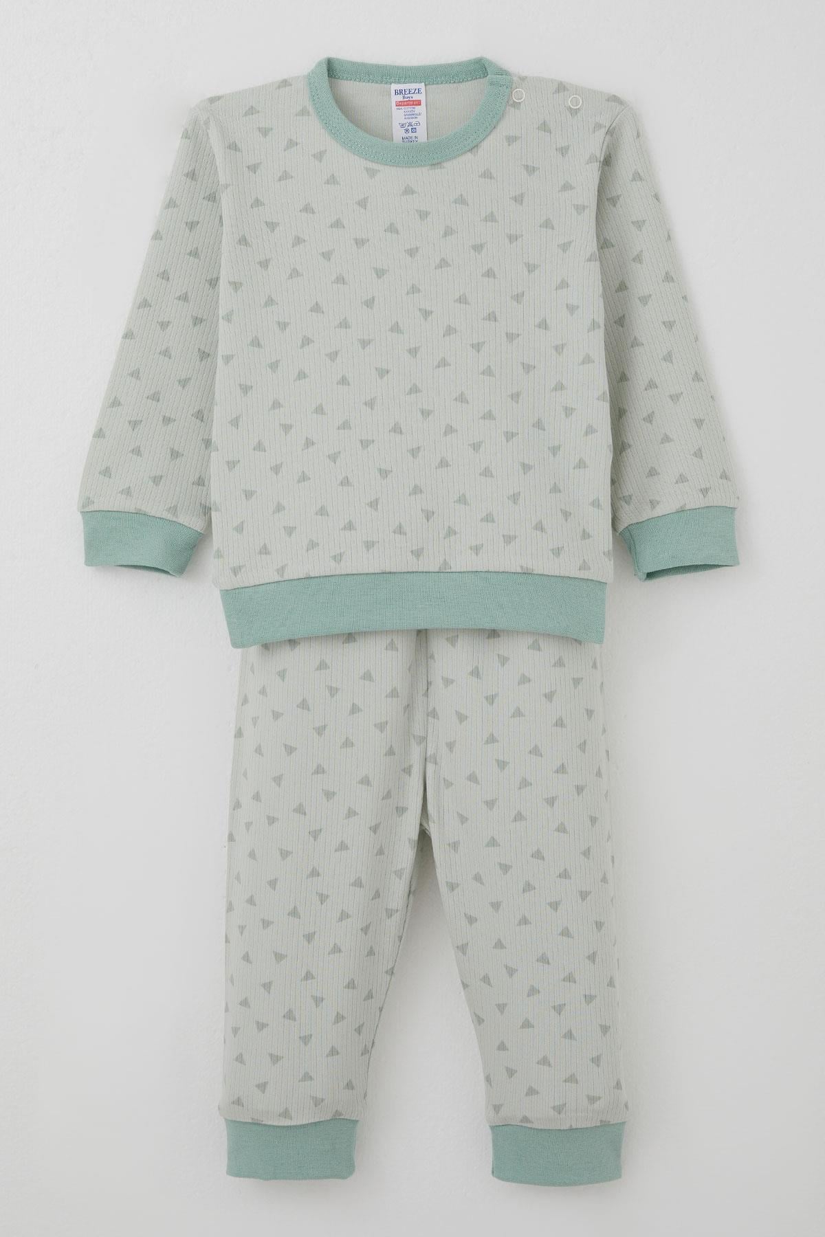 Breeze Erkek Bebek Pijama Takımı Omuzdan Patlı Mini Üçgenler Desenli Su Yeşili (4 Ay-1 Yaş)