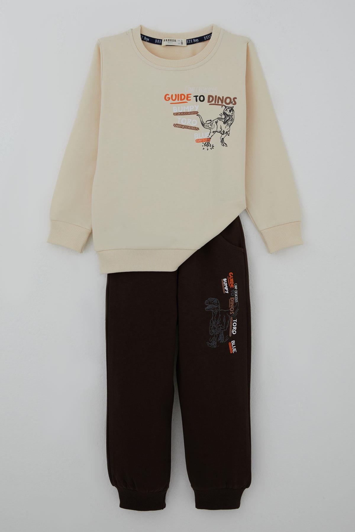 Breeze Erkek Çocuk Eşofman Takımı Dinozor Kampı Sırt Baskı Detaylı Krem (2-6 Yaş)