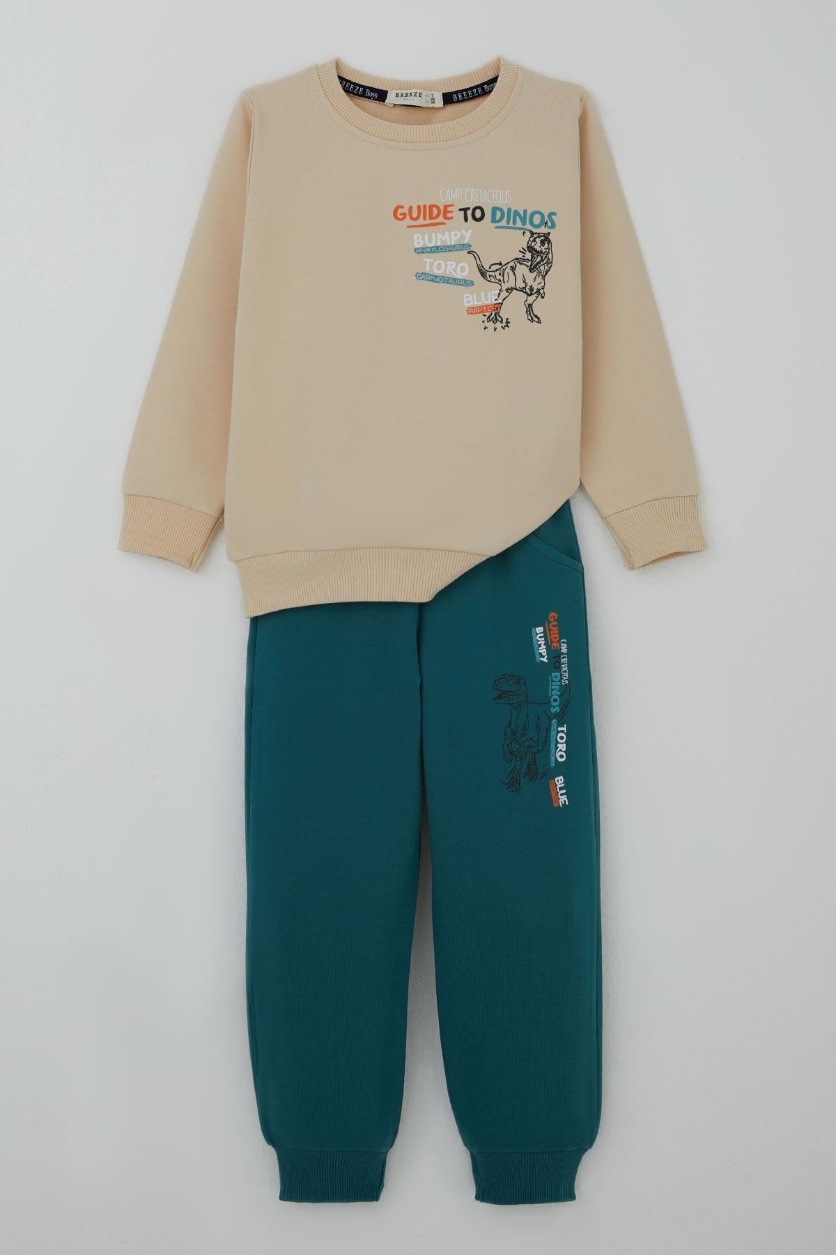 Breeze Erkek Çocuk Eşofman Takımı Dinozor Kampı Sırt Baskı Detaylı Krem (2-6 Yaş)