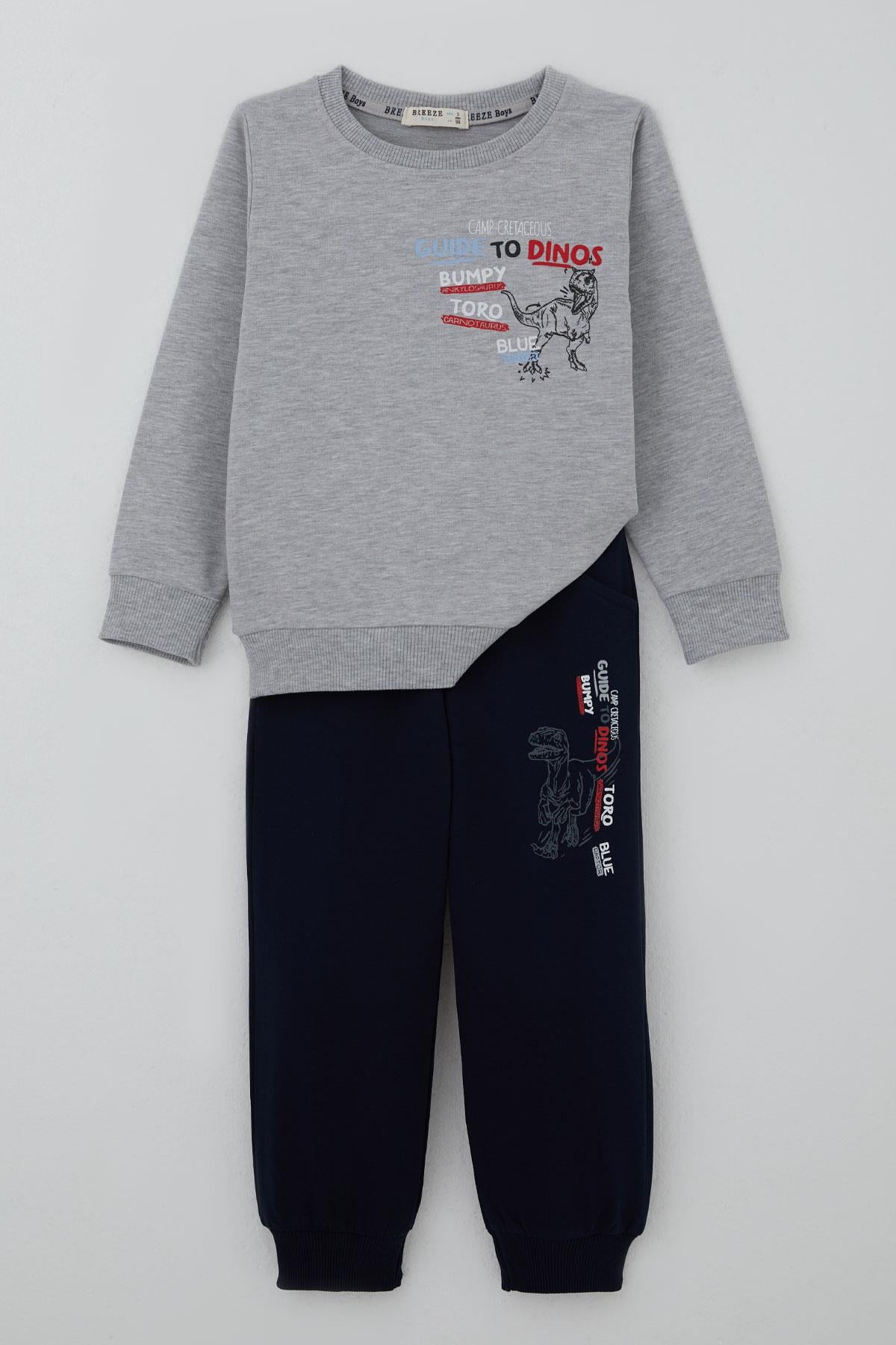 Breeze Erkek Çocuk Eşofman Takımı Dinozor Kampı Sırt Baskı Detaylı Açık Gri Melanj (2-6 Yaş)