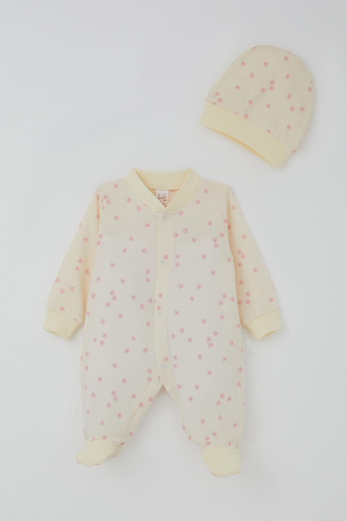 Breeze Kız Bebek Patikli Tulum Çiçek Desenli Krem (0-6 Ay)