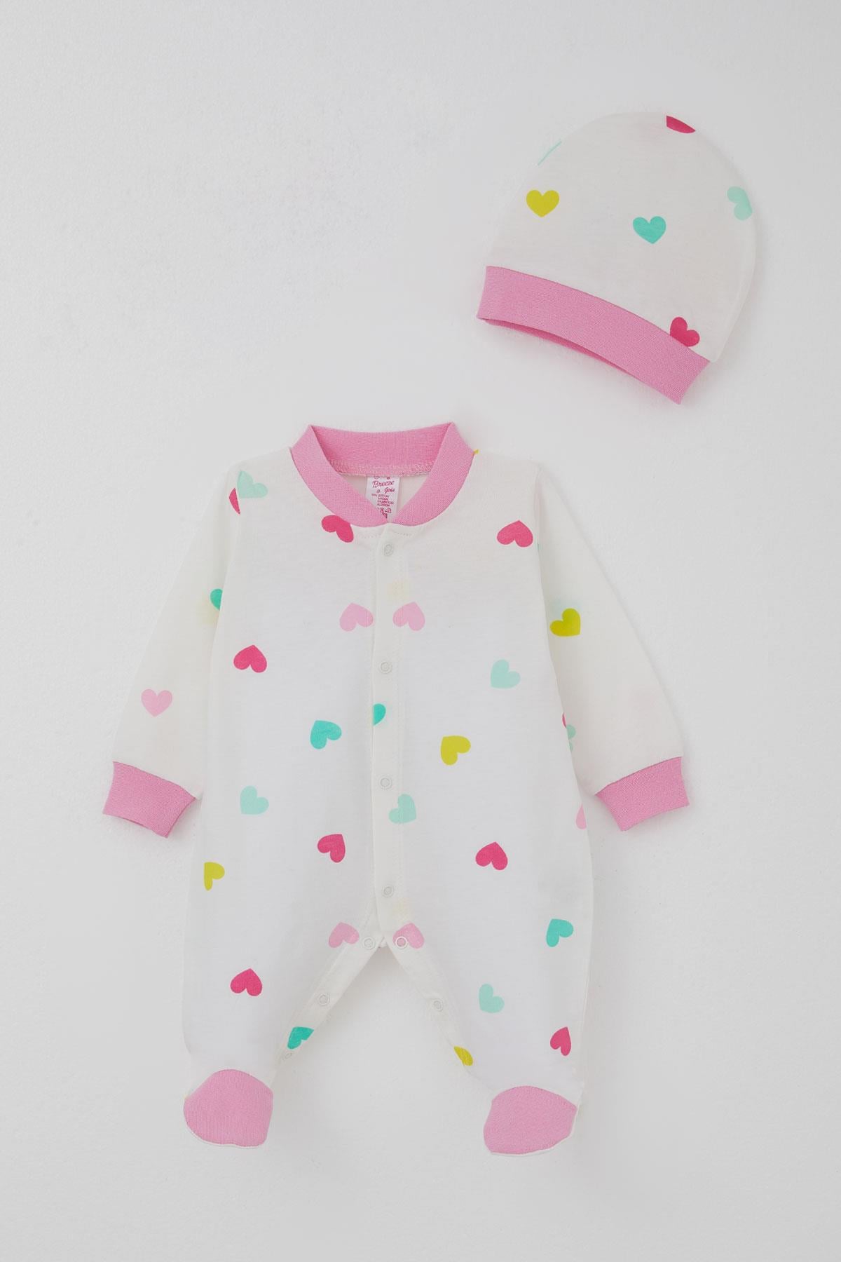 Breeze Kız Bebek Patikli Tulum Renkli Kalp Desenli Beyaz (0-6 Ay)