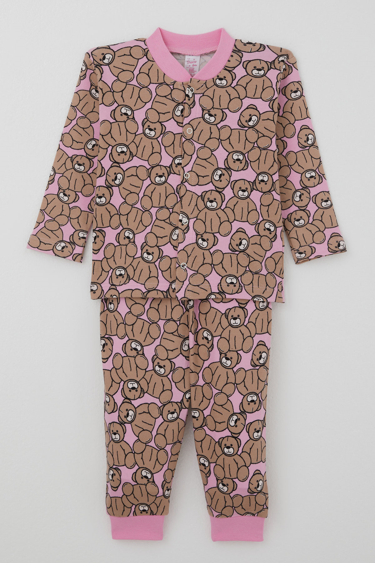Breeze Kız Bebek Pijama Takımı Sevimli Oyuncak Ayıcık Desenli Önden Çıtçıtlı Pembe (4 Ay-1 Yaş)