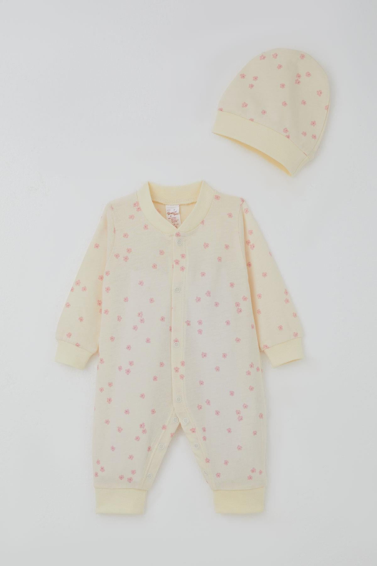 Breeze Kız Bebek Tulum Çiçek Desenli Krem (0-6 Ay)