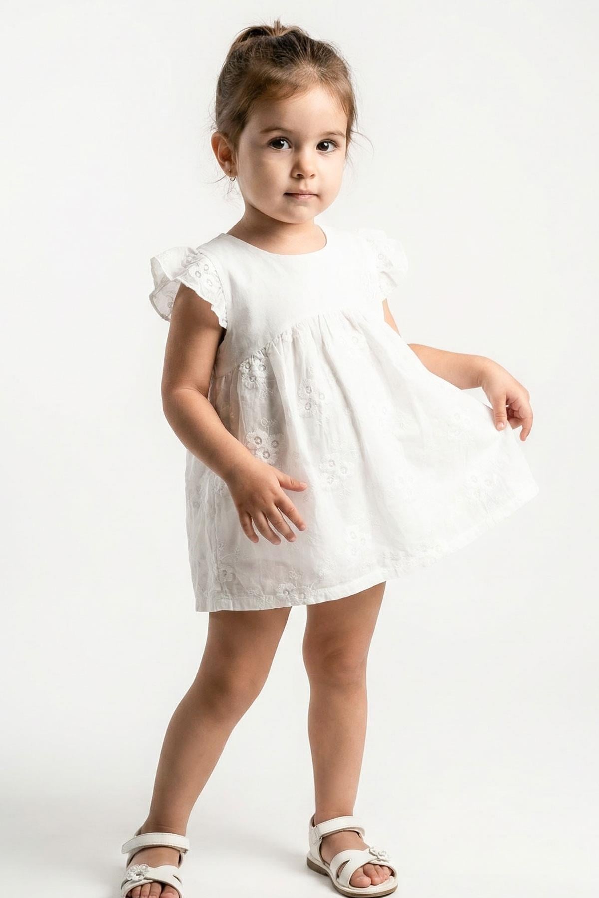 Breeze Kız Bebek Zıbın Elbise Çiçek Nakışlı Ekru (6 Ay-2 Yaş)