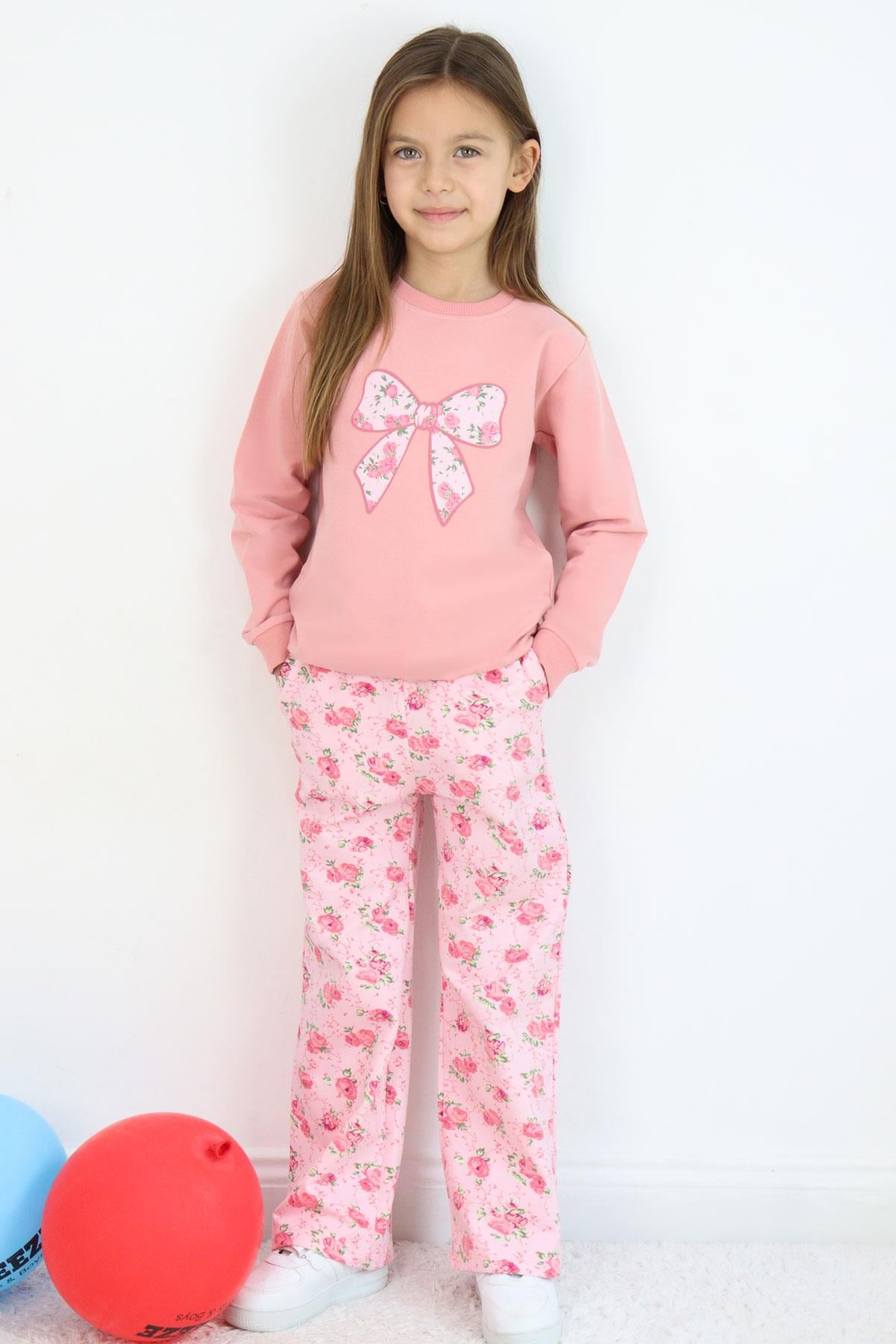 Breeze Kız Çocuk Eşofman Takımı Fiyonk Baskılı Pantolonu Çiçek Desenli Gülkurusu (1.5-5 Yaş)