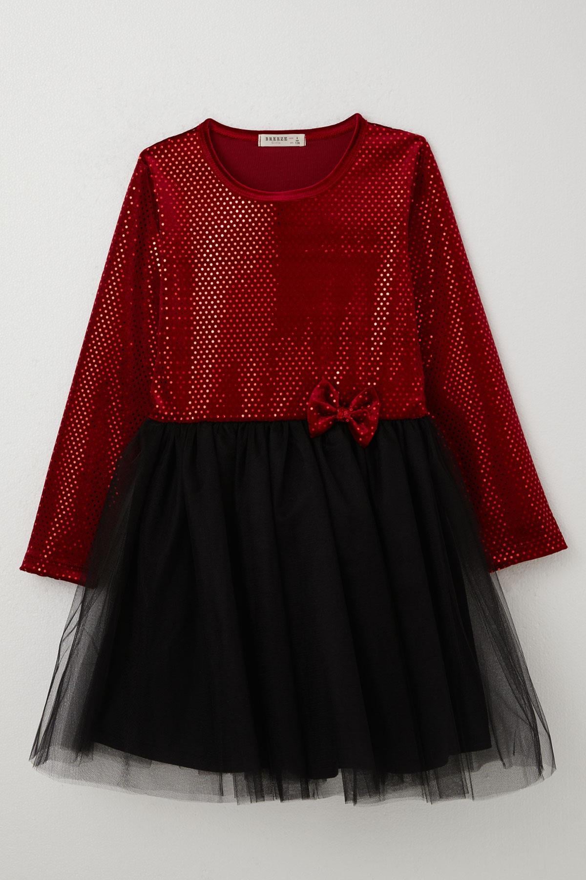 Breeze Kız Çocuk Uzun Kollu Elbise Kadife Pullu Kırmızı (5-10 Yaş)