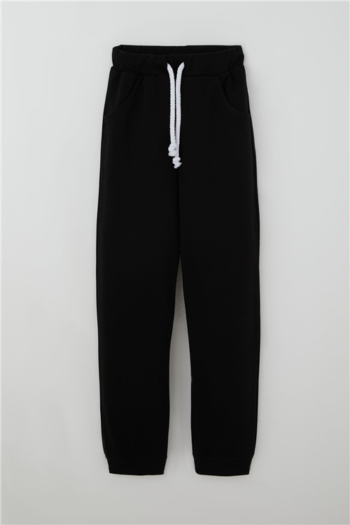 Breeze Çocuk Eşofman Altı Unisex Bağcıklı Cepli Düz Renk Siyah (10-14 Yaş)