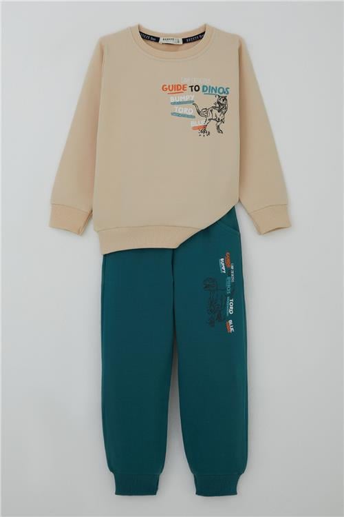 Breeze Erkek Çocuk Eşofman Takımı Dinozor Kampı Sırt Baskı Detaylı Krem (2-6 Yaş)