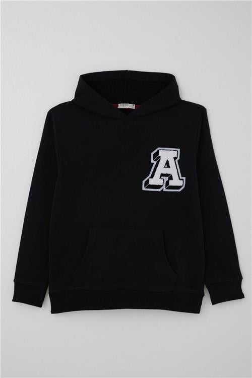 Breeze Erkek Çocuk Sweatshirt A Harfi Yazı Nakış Armalı Siyah (9-14 Yaş)