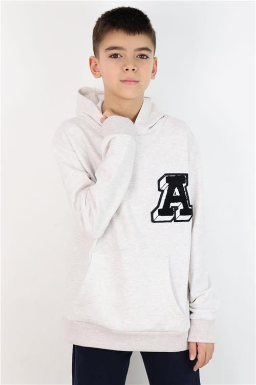 Breeze Erkek Çocuk Sweatshirt A Harfi Yazı Nakış Armalı Bej Melanj (9-14 Yaş)