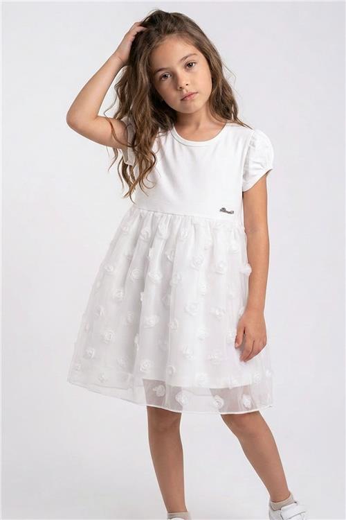 Breeze Kız Çocuk Elbise 3D Gül Aplikeli Tül Detaylı Armalı Ekru (3-8 Yaş)