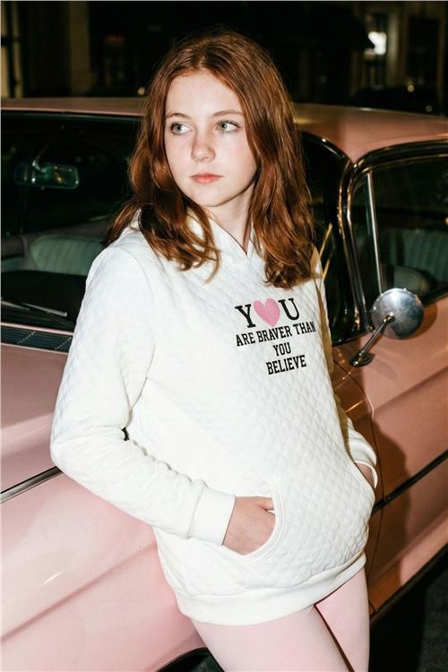 Breeze Kız Çocuk Sweatshirt Kapitone Desenli Kanguru Cepli Ekru (8-14 Yaş)