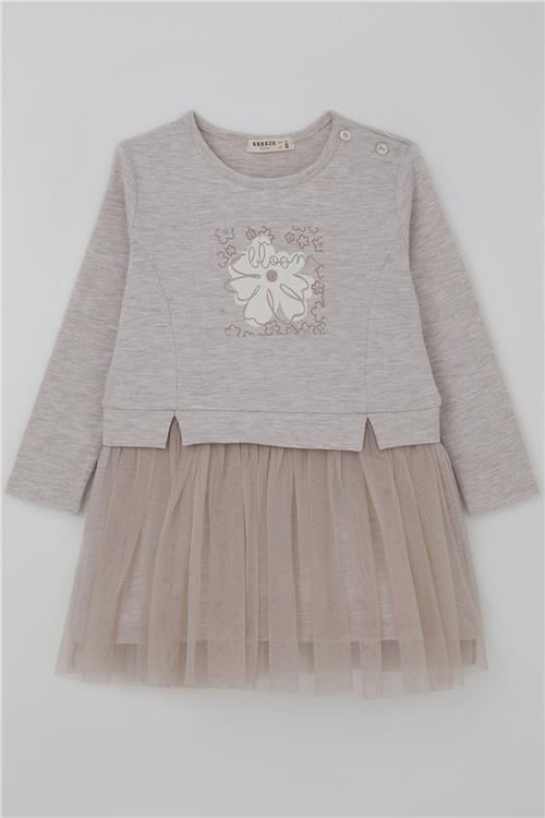 Breeze Kız Çocuk Uzun Kollu Elbise Çiçek Baskılı Tüllü Bej Melanj (2-6 Yaş)