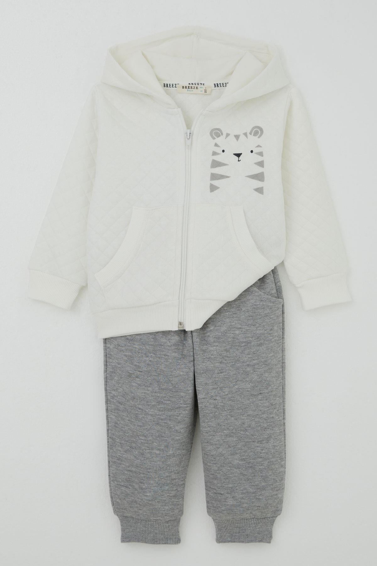 Breeze Erkek Bebek Eşofman Takımı Sevimli Kaplancık Baskılı Ekru (6 Ay-1.5 Yaş)
