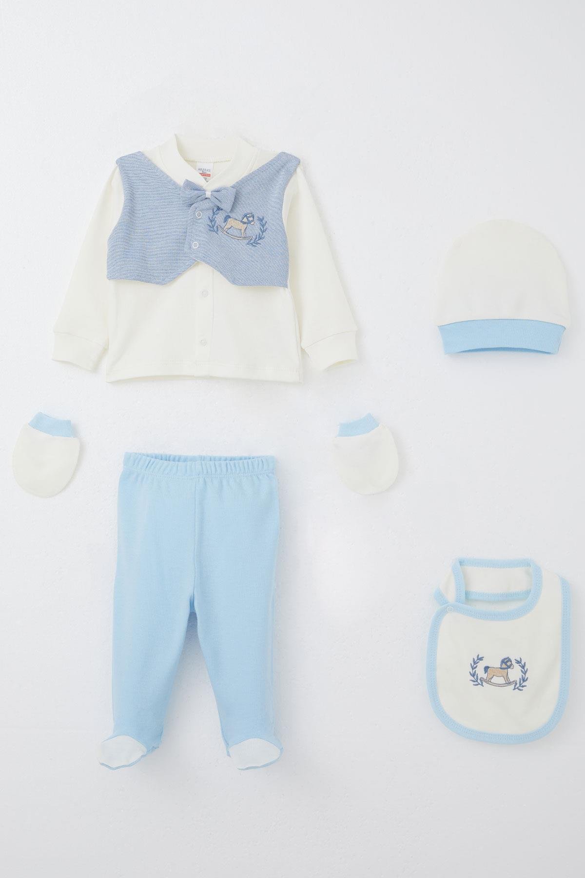 Breeze Erkek Bebek Hastane Çıkışı 5 li Sabit Papyonlu Yelekli Sevimli At Nakışlı Ekru (0-3 Ay)