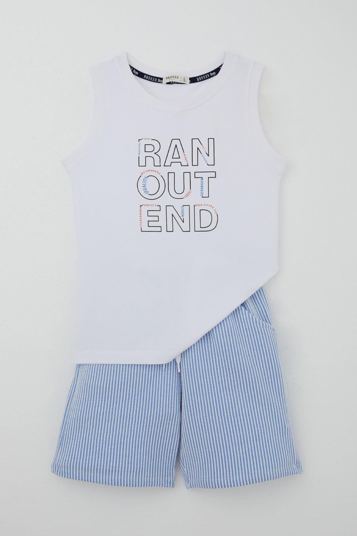 Breeze Erkek Çocuk Şortlu Takım Sıfır Kollu Yazı Baskılı Bağcık Aksesuarlı Beyaz (8-14 Yaş)