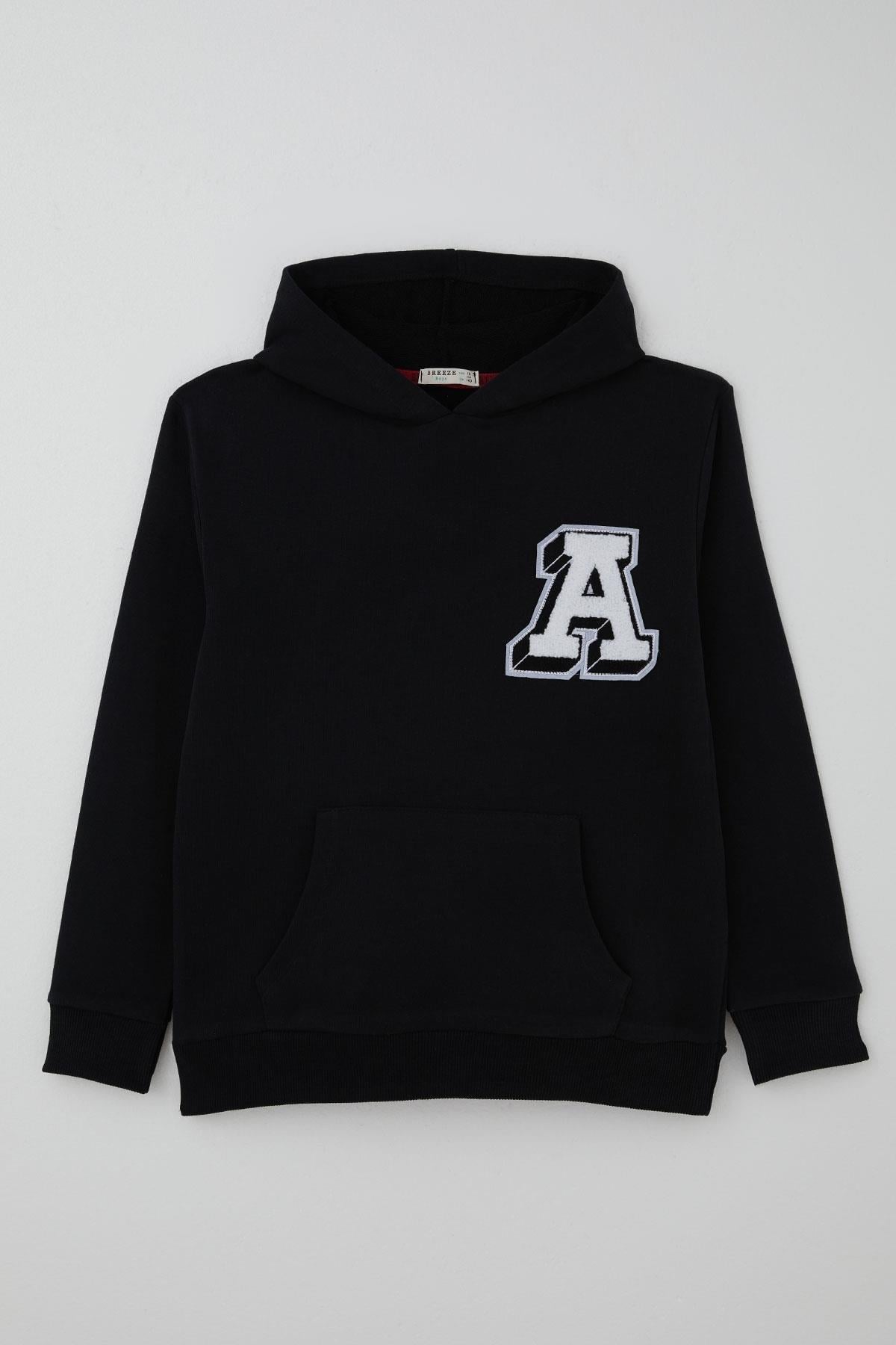 Breeze Erkek Çocuk Sweatshirt A Harfi Yazı Nakış Armalı Siyah (9-14 Yaş)