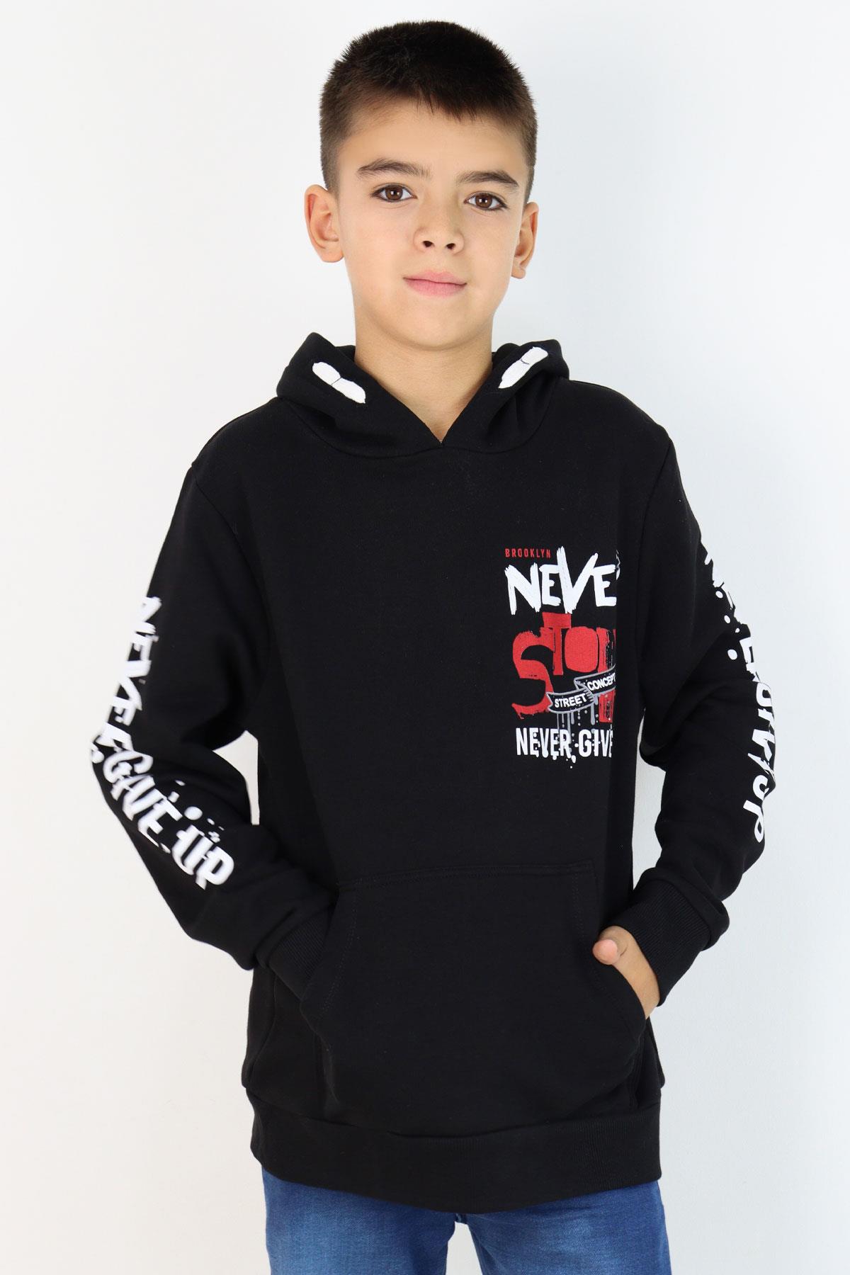 Breeze Erkek Çocuk Sweatshirt Kanguru Cepli Kapüşonlu Siyah (9-16 Yaş)
