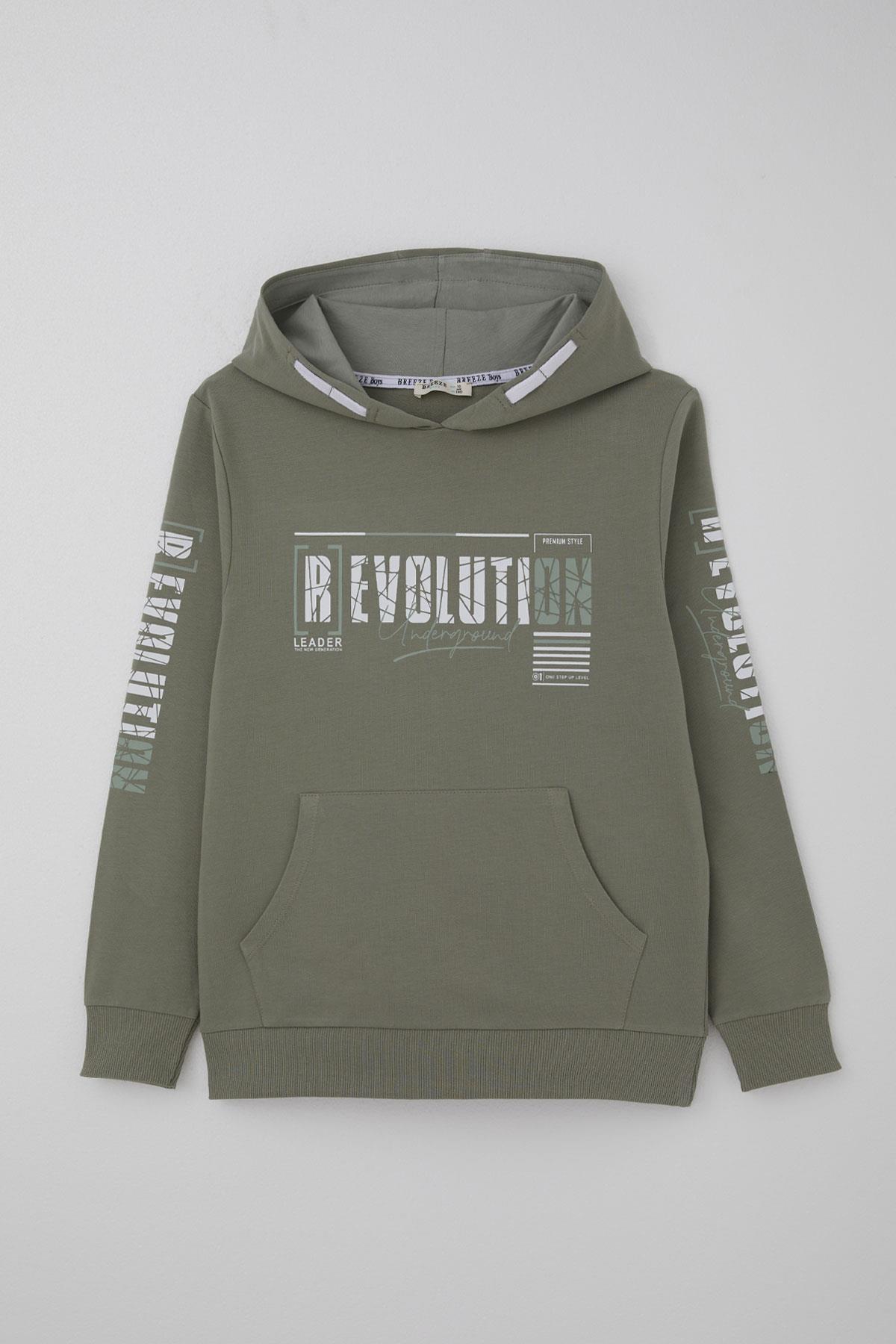 Breeze Erkek Çocuk Sweatshirt Kapüşonlu Kanguru Cepli Haki Yeşil (9-16 Yaş)
