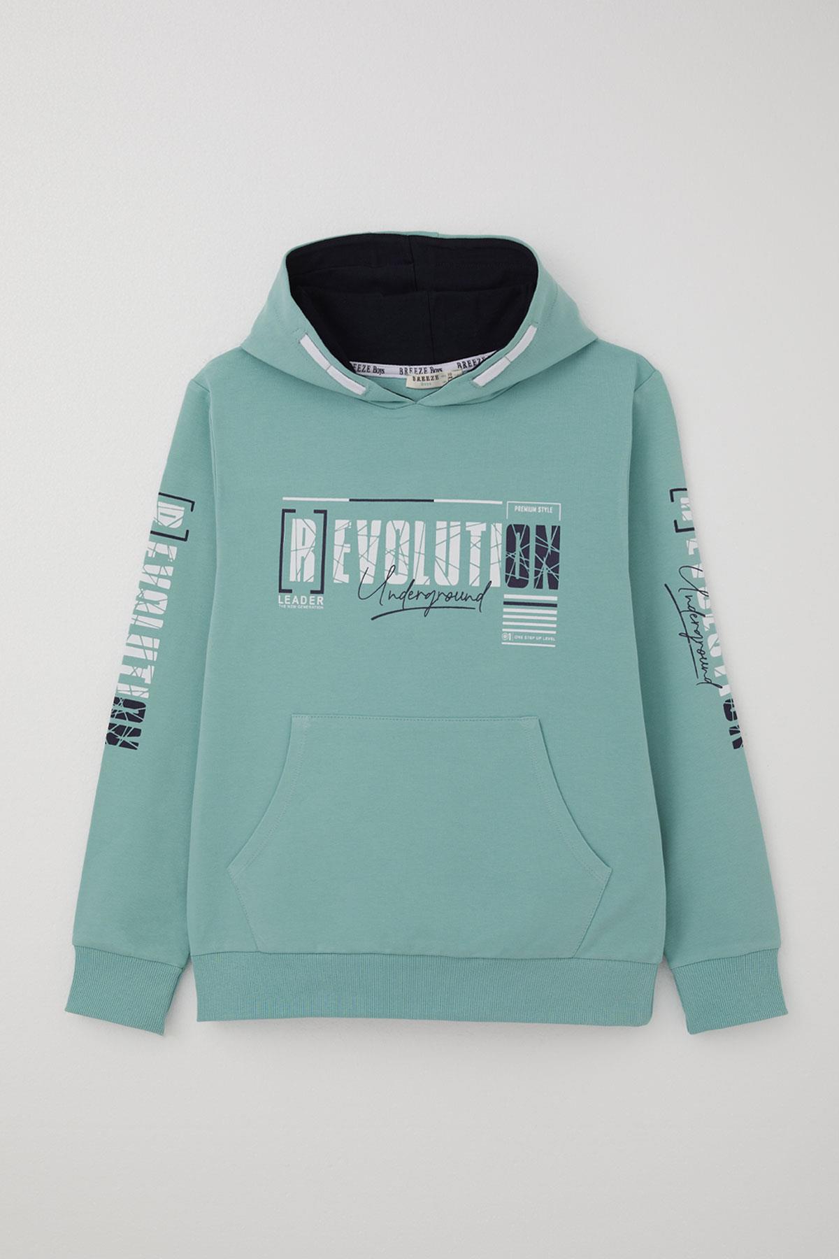Breeze Erkek Çocuk Sweatshirt Kapüşonlu Kanguru Cepli Su Yeşili (9-16 Yaş)