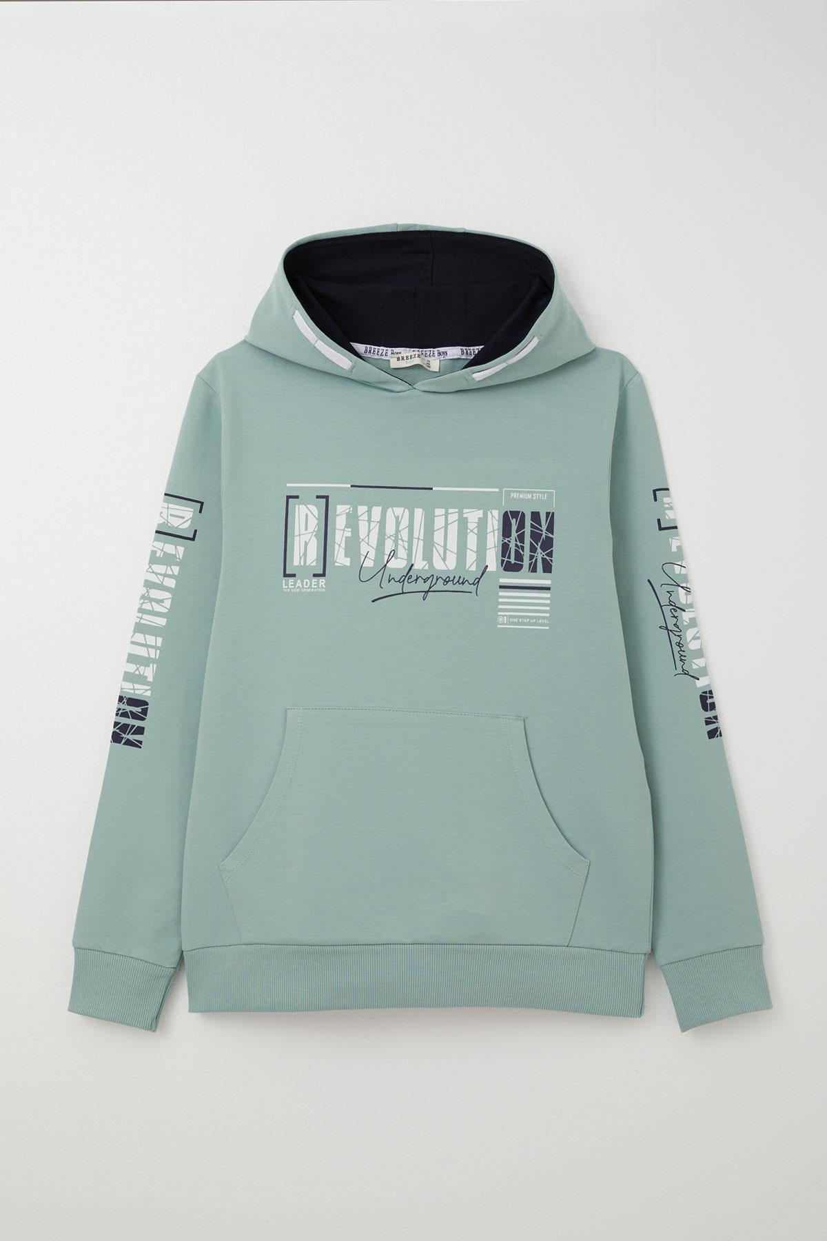 Breeze Erkek Çocuk Sweatshirt Kapüşonlu Kanguru Cepli Su Yeşili (9-16 Yaş)