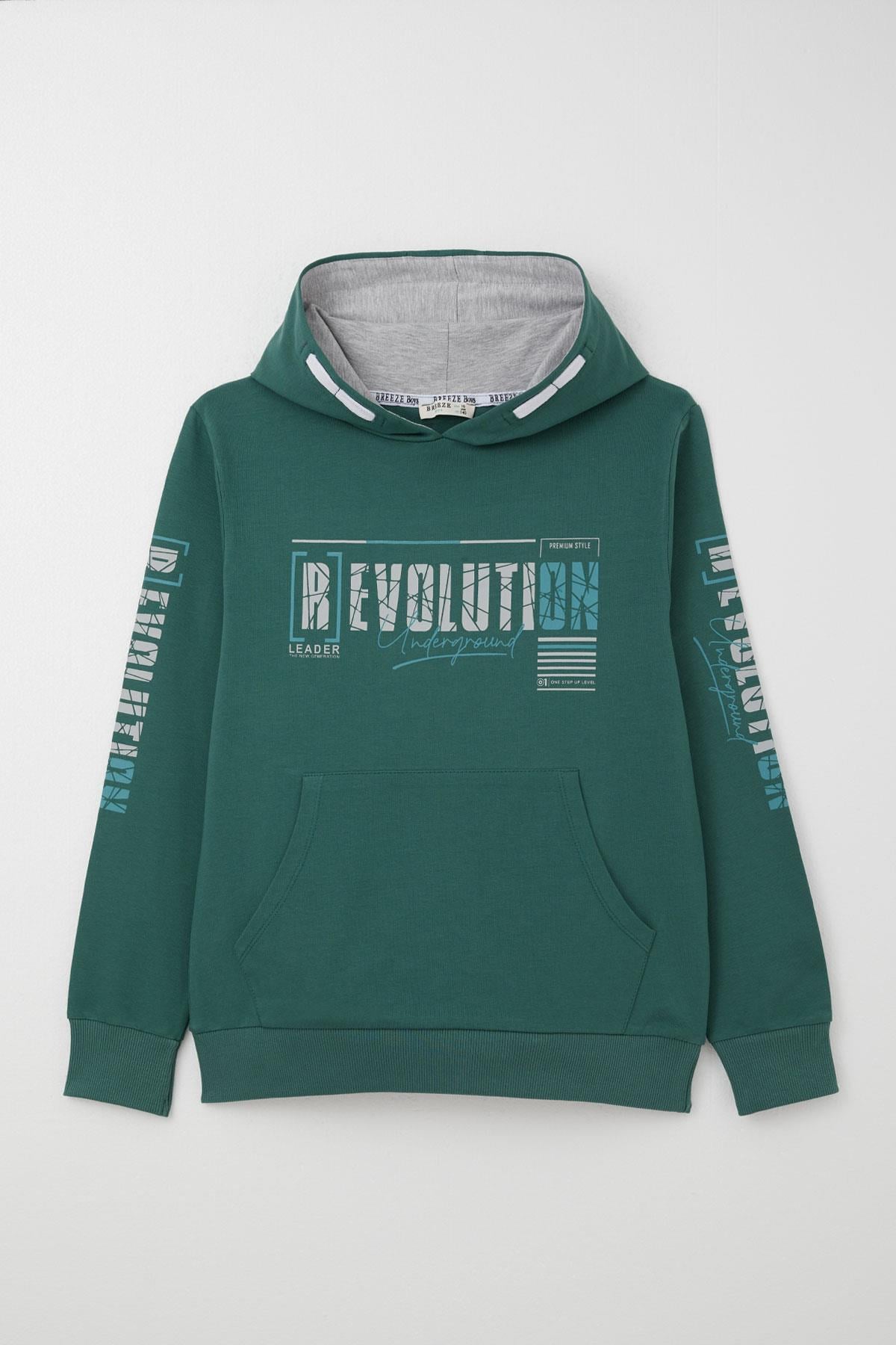 Breeze Erkek Çocuk Sweatshirt Kapüşonlu Kanguru Cepli Petrol Yeşili (9-16 Yaş)