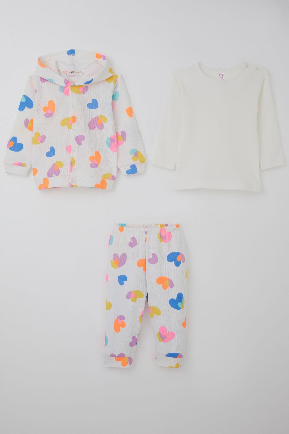 Breeze Kız Bebek Bodyli 3 lü Takım Renkli Kalp Desenli Beyaz (4 Ay-1 Yaş)