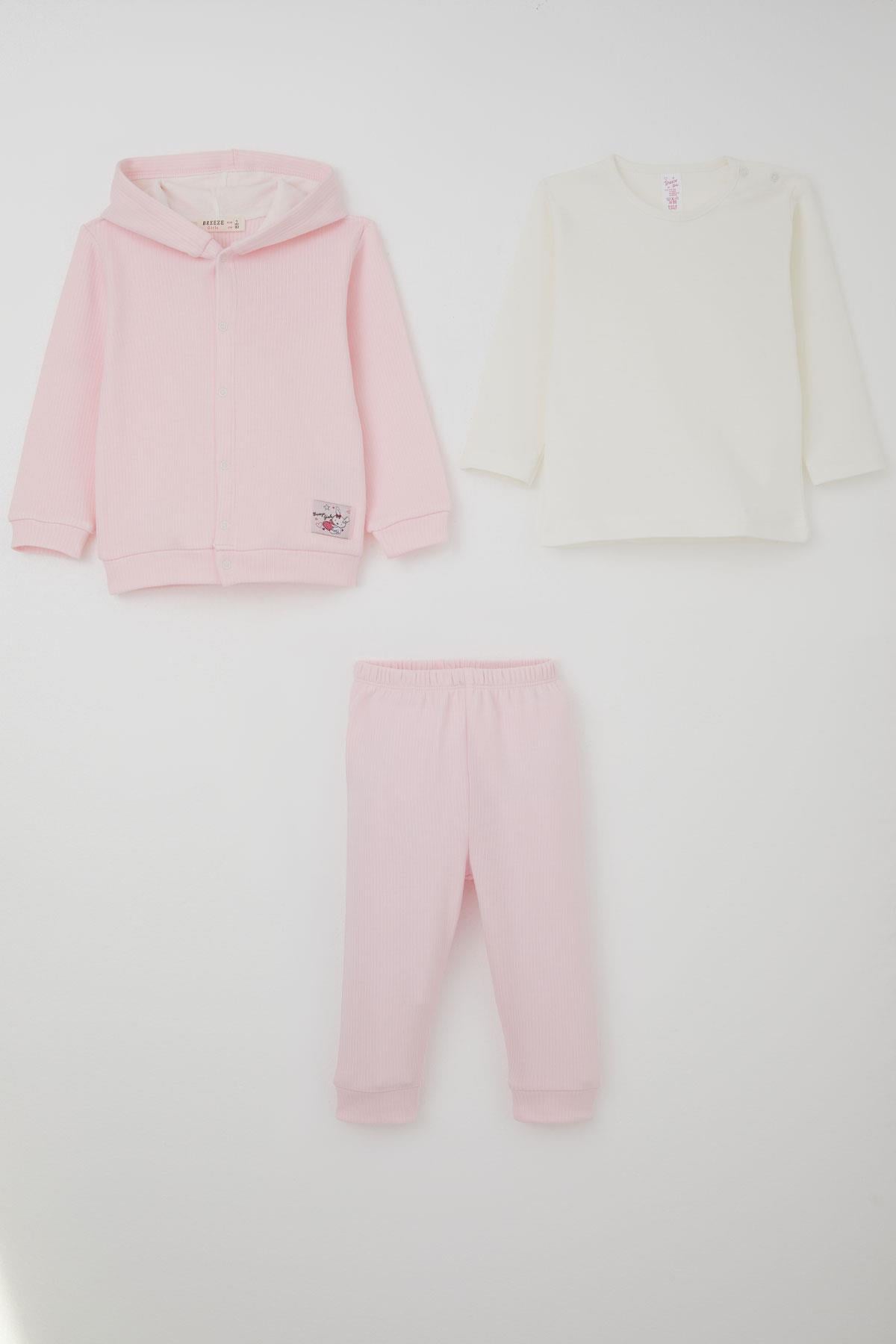 Breeze Kız Bebek Bodyli 3 lü Takımı Sevimli Minik Tavşancık Armalı Çıtçıtlı Pembe (4 Ay-1 Yaş)
