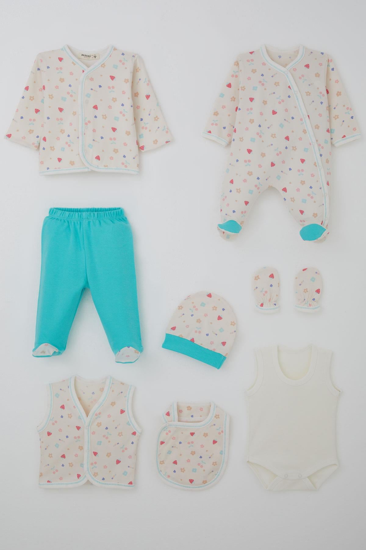 Breeze Kız Bebek Hastane Çıkışı 8 li Çiçek Bahçesi Çilek & Kiraz Desenli Krem (0-3 Ay)