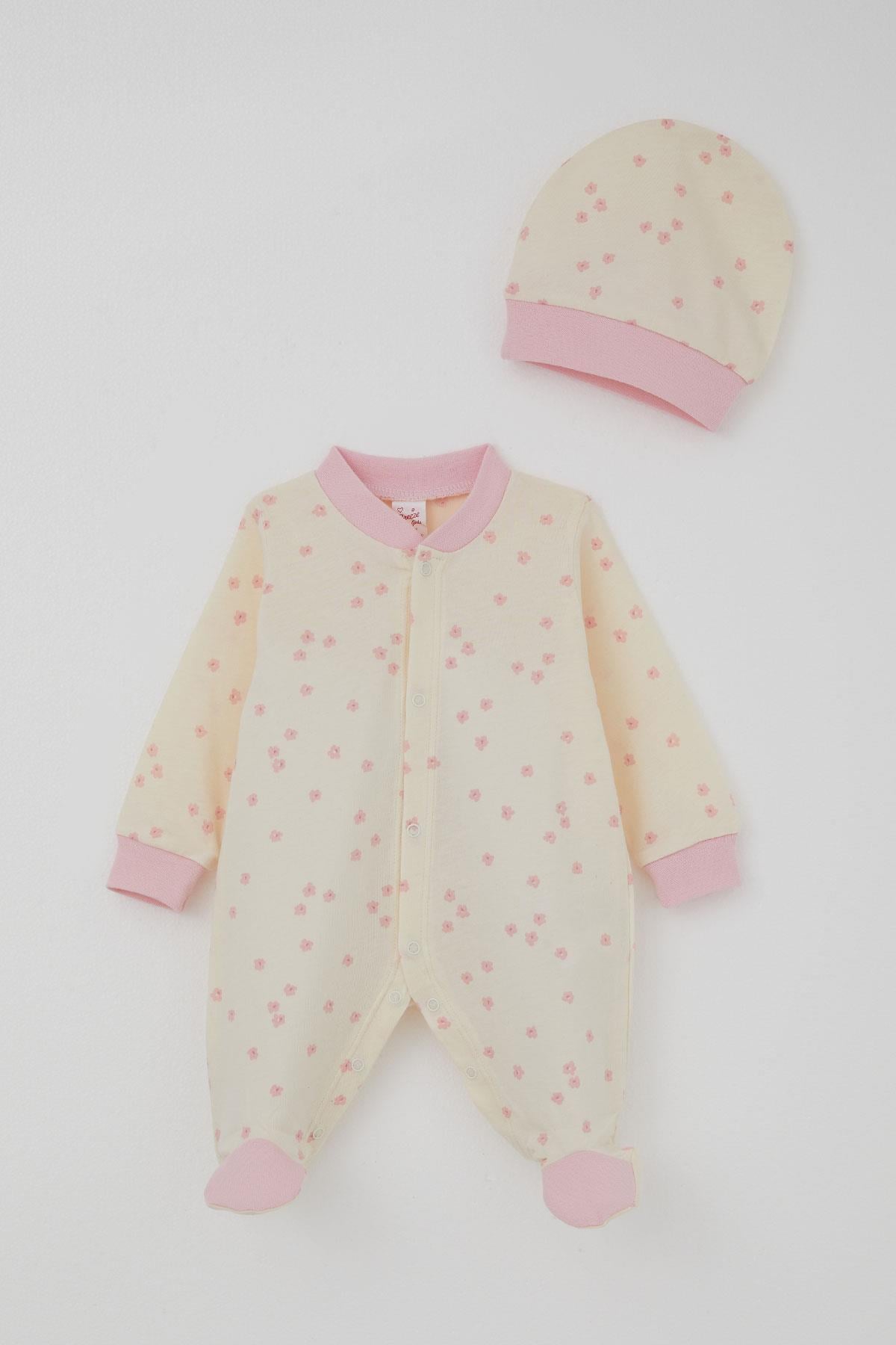 Breeze Kız Bebek Patikli Tulum Çiçek Desenli Krem (0-6 Ay)